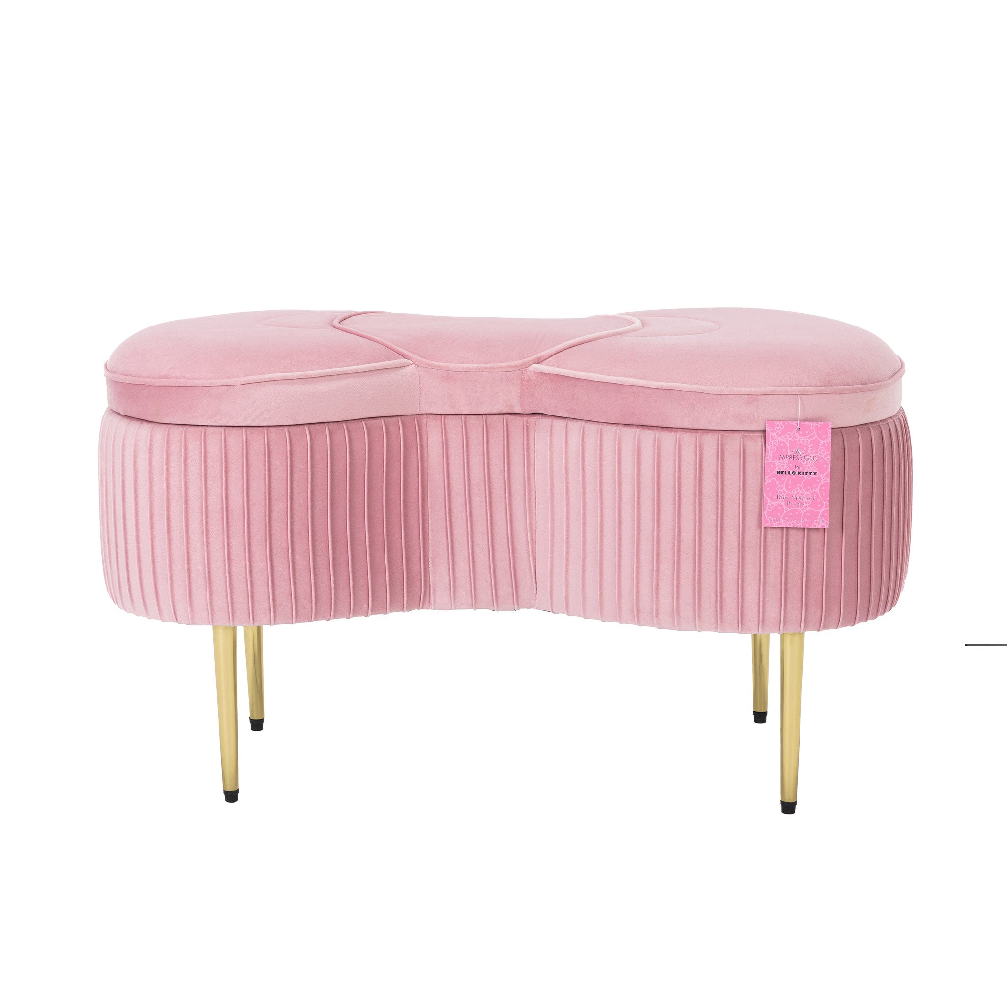Hello Kitty velvet bench opened to reveal spacious interior storage