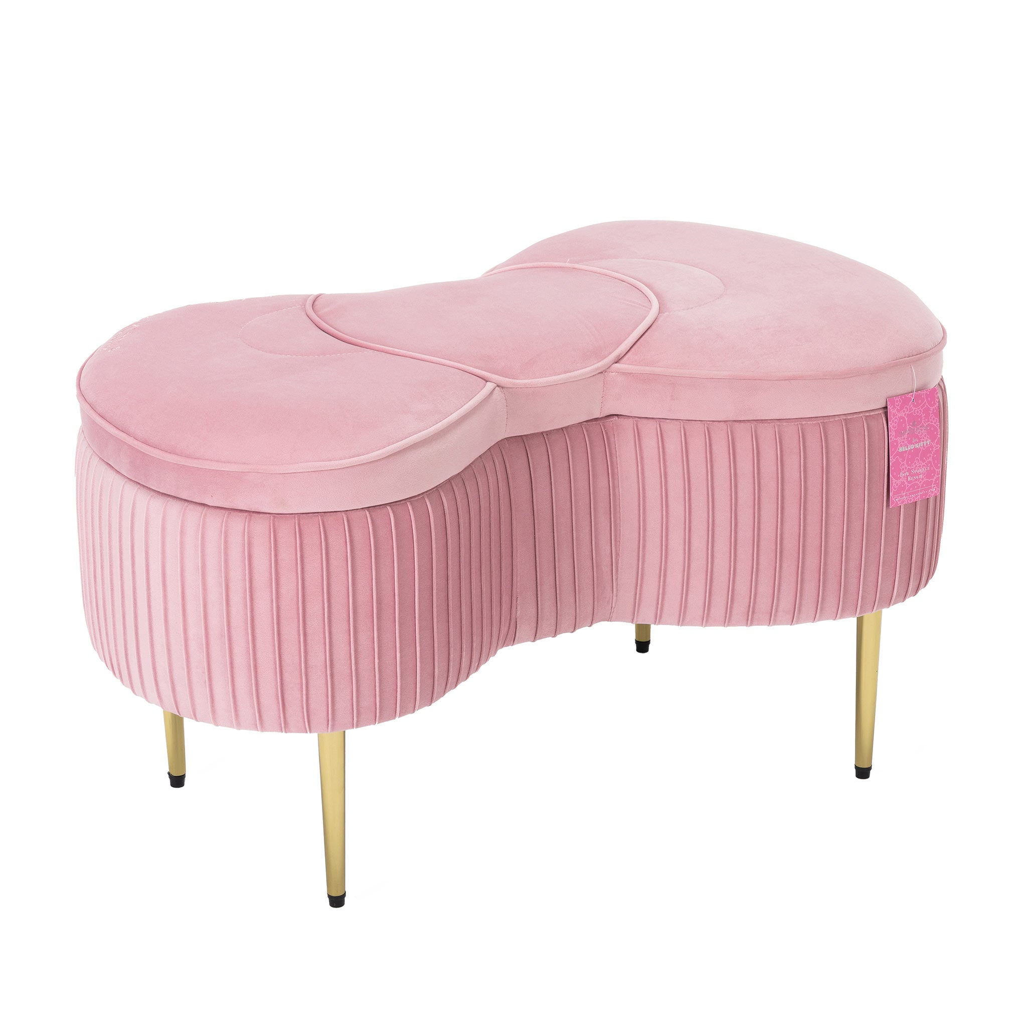 Close-up of pink velvet Hello Kitty storage bench with embroidered bow details