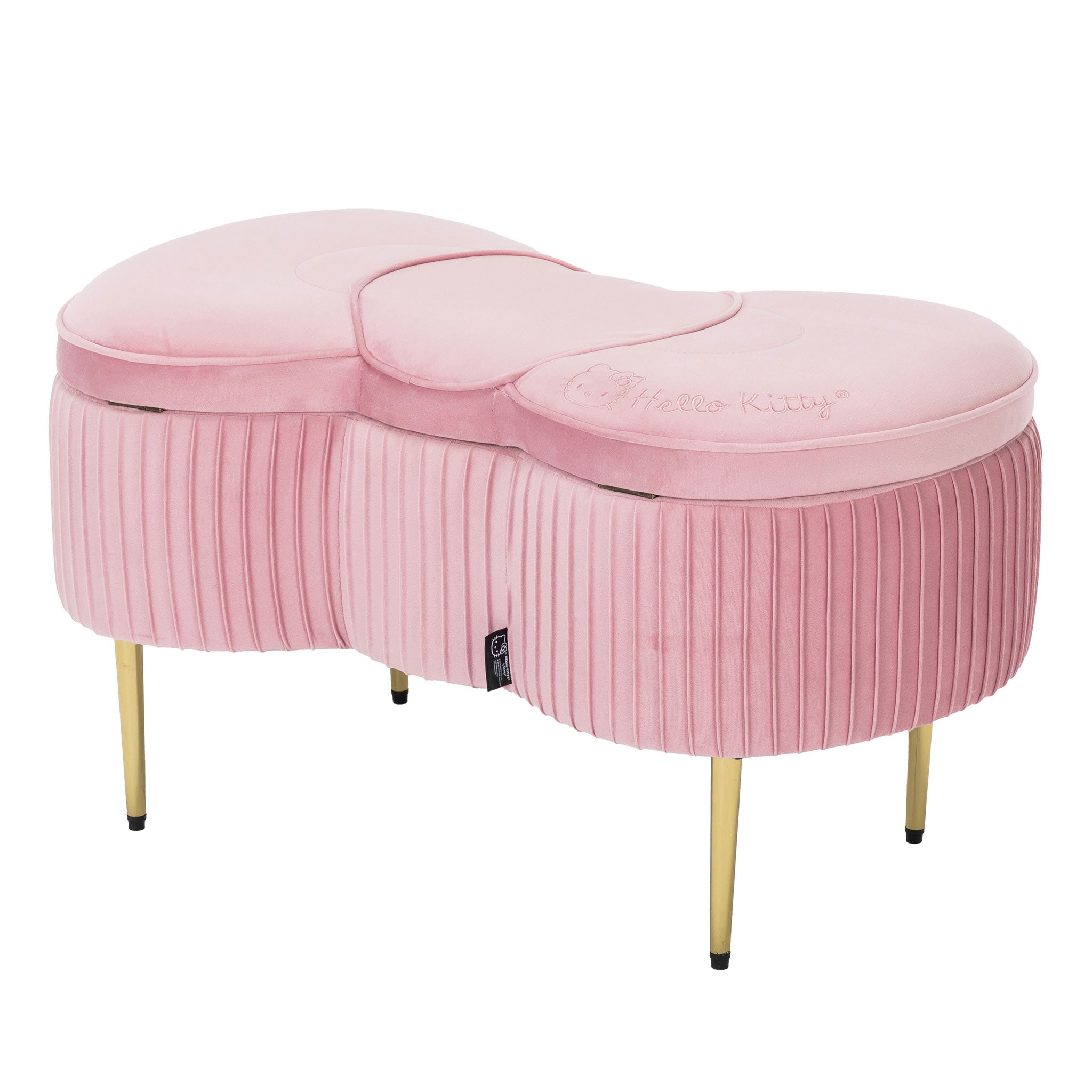 Kids bedroom setup with pink velvet storage bench next to a twin bed