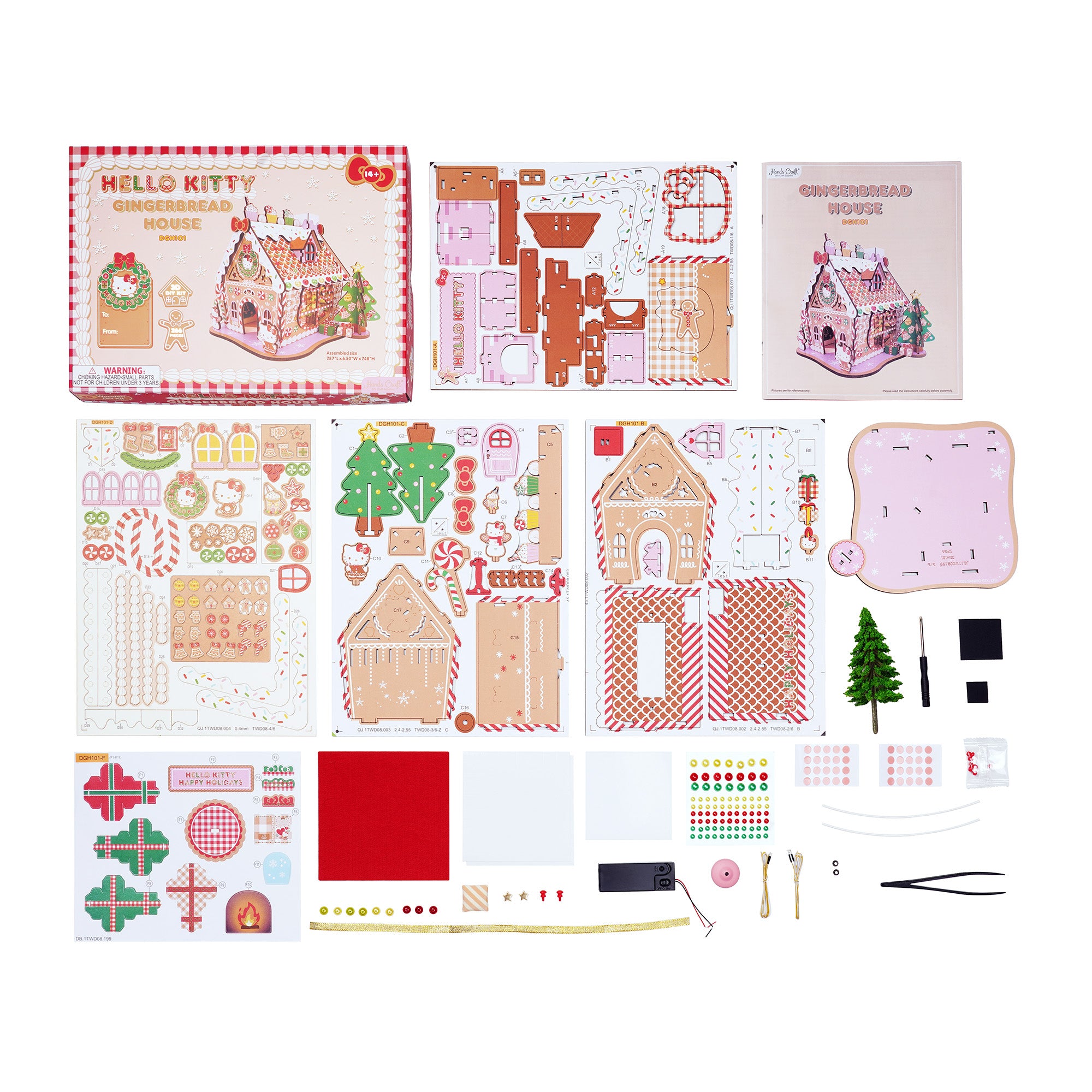 Close-up of the Hello Kitty wooden gingerbread house puzzle pieces and completed structure