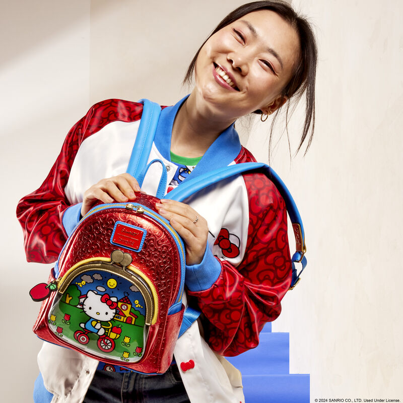 Loungefly Hello Kitty 50th anniversary backpack with shiny metallic red background