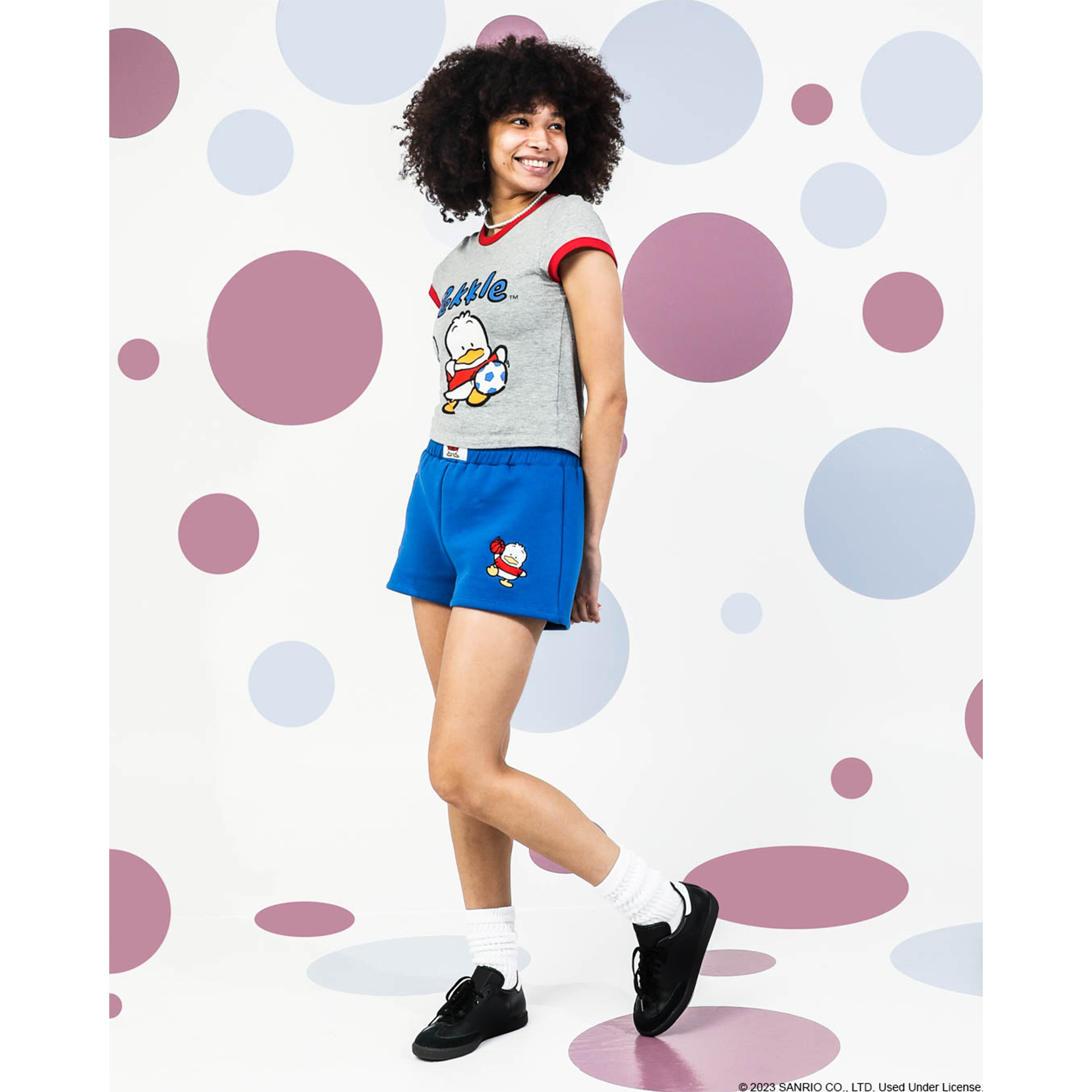 Pekkle Grey Ringer Graphic Tee being worn with the Pekkle 90s collection
