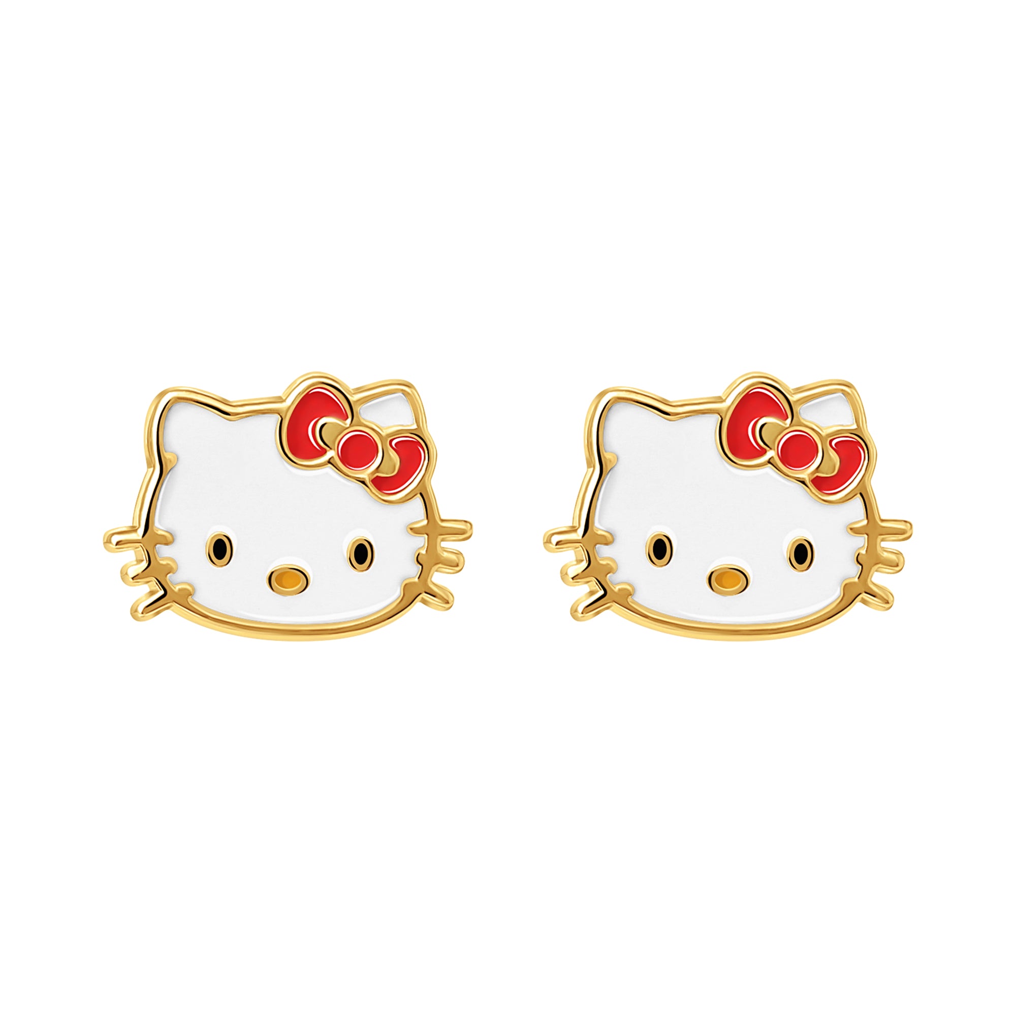 Front view of Hello Kitty enamel earrings in yellow gold with colorful bow detail