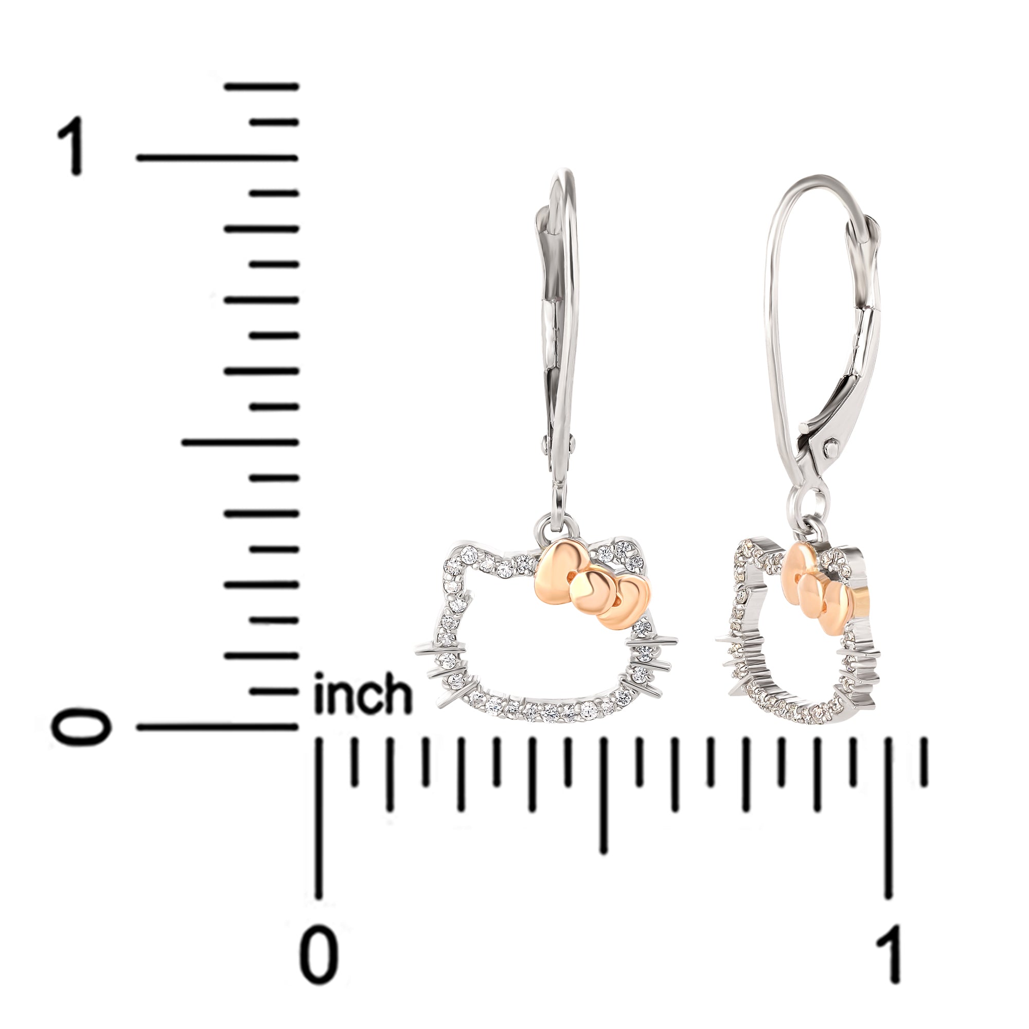 Close-up of Hello Kitty diamond drop earrings showing rose gold bow detail