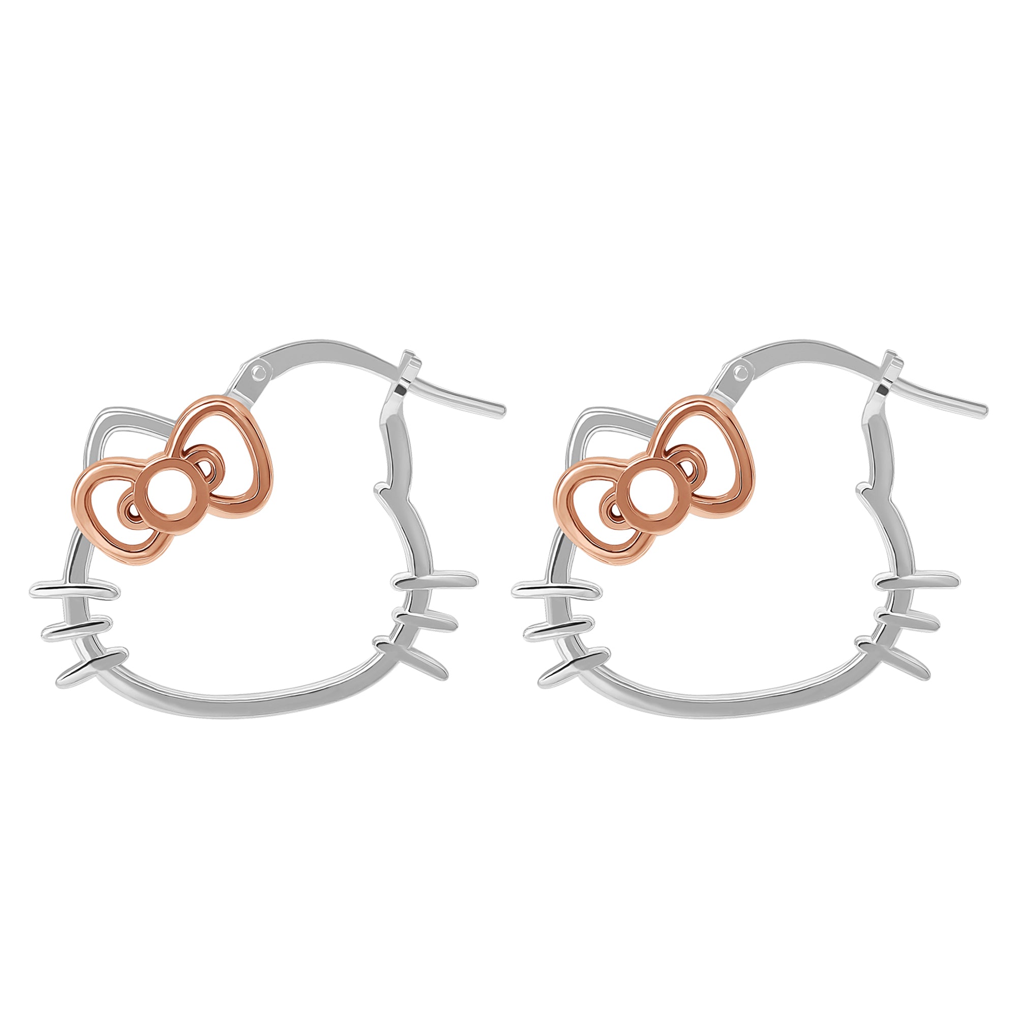 Front view of Hello Kitty sterling silver hoop earrings with rose gold bows