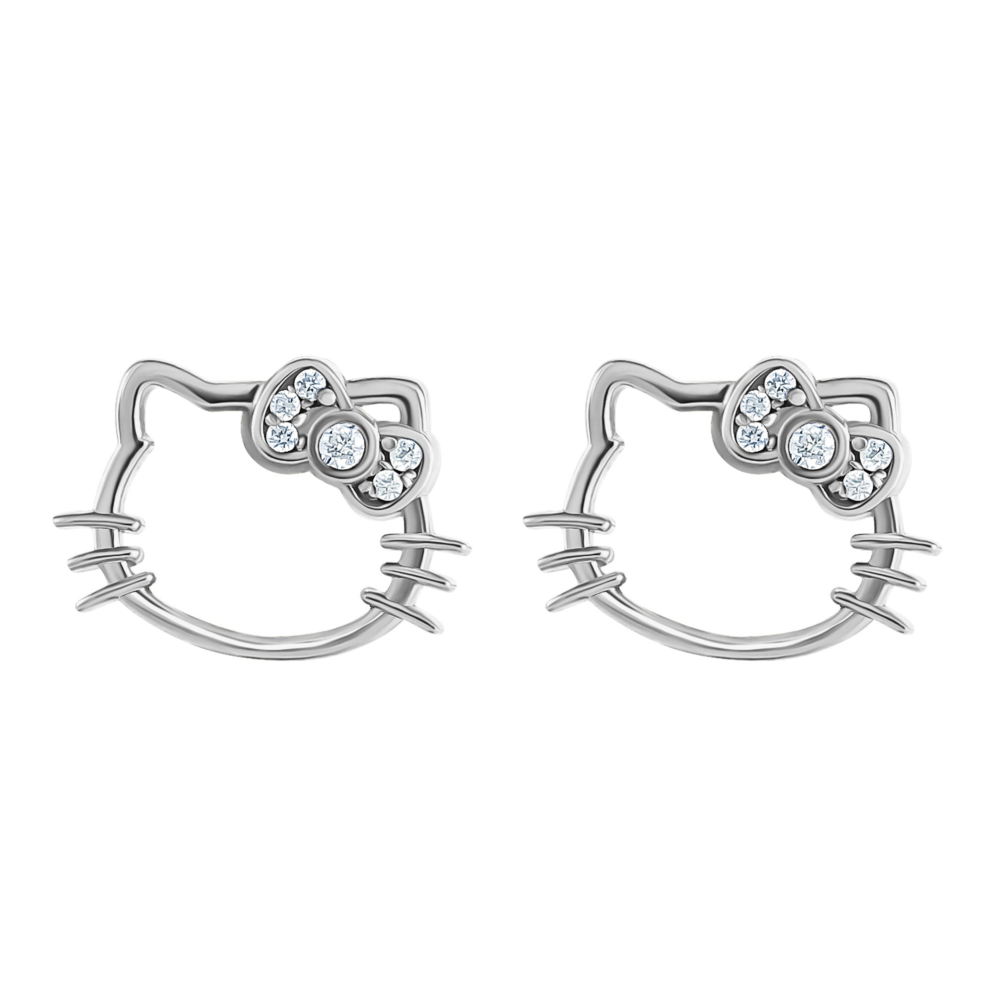 Close-up of Hello Kitty earrings showing 1 ct diamond detail and sterling silver finish.