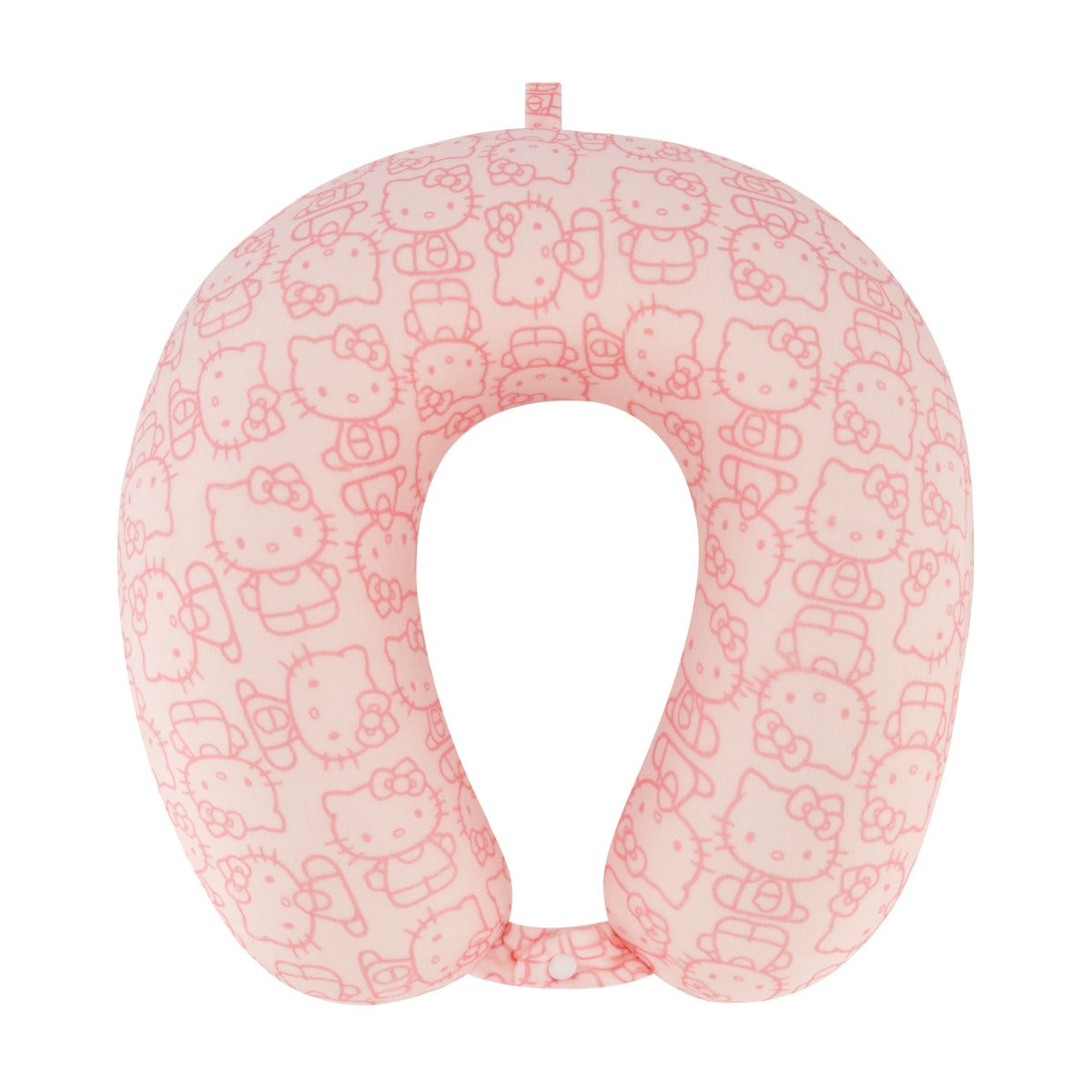 Overhead shot of soft neck pillow with snap closure on pink bedding