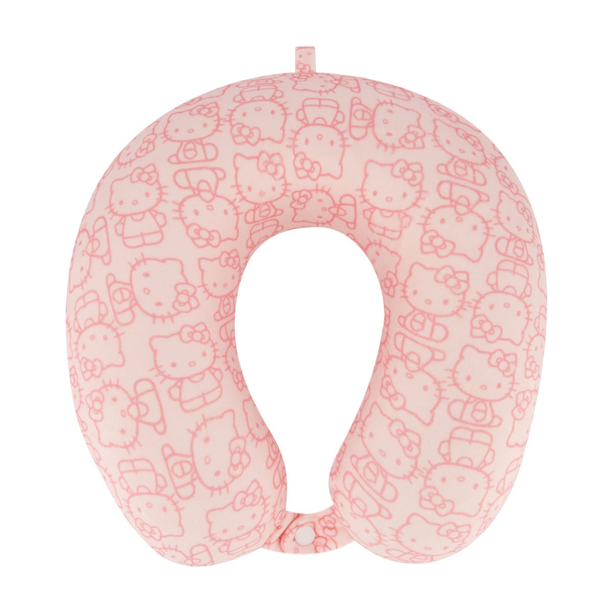 Close-up of memory foam Hello Kitty neck pillow resting on airplane seat