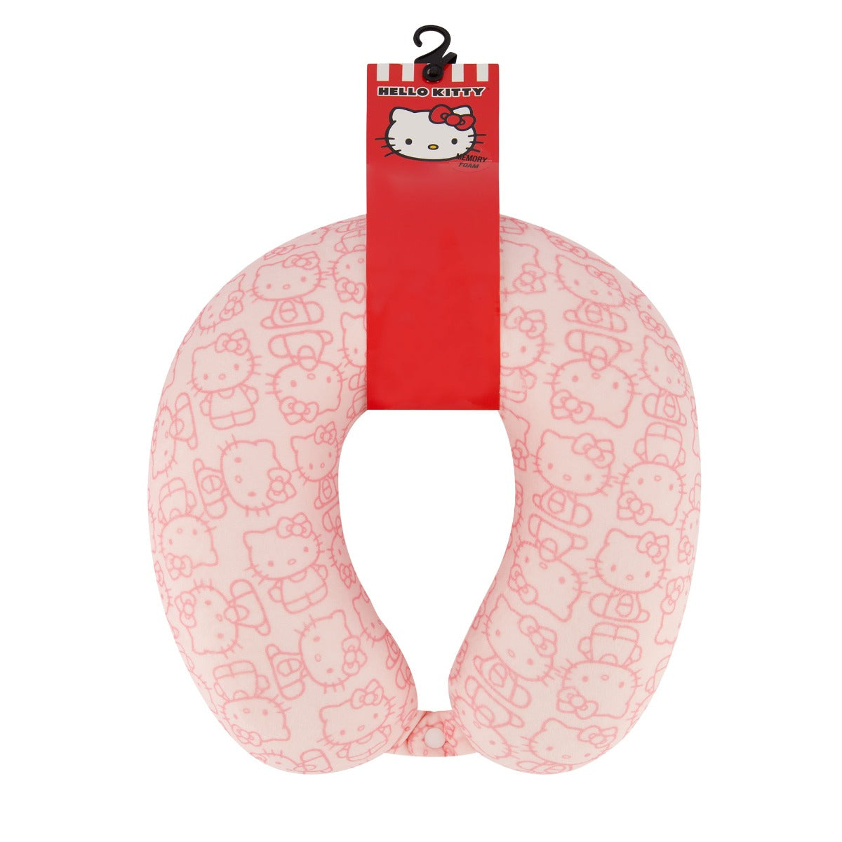 Traveler attaching Hello Kitty pastel travel pillow to carry-on handle
