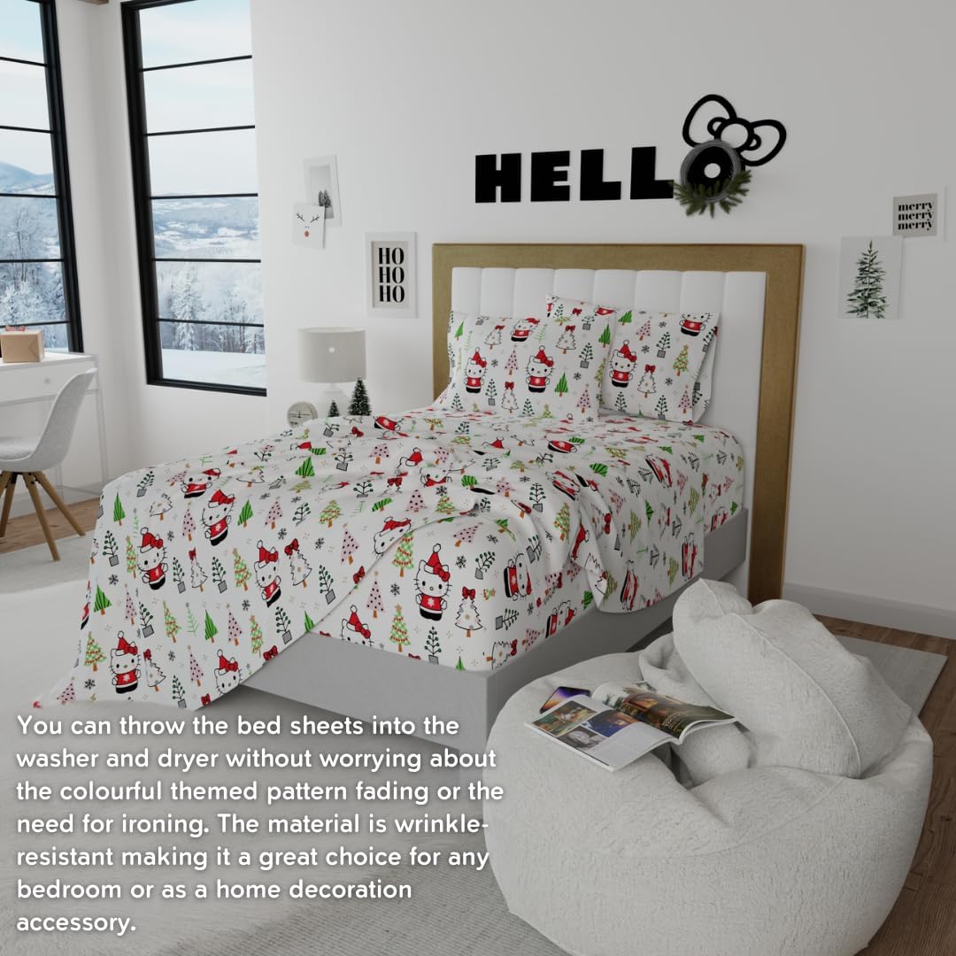 Hello Kitty Christmas flannel sheet set displayed on a cozy bed for the holidays.