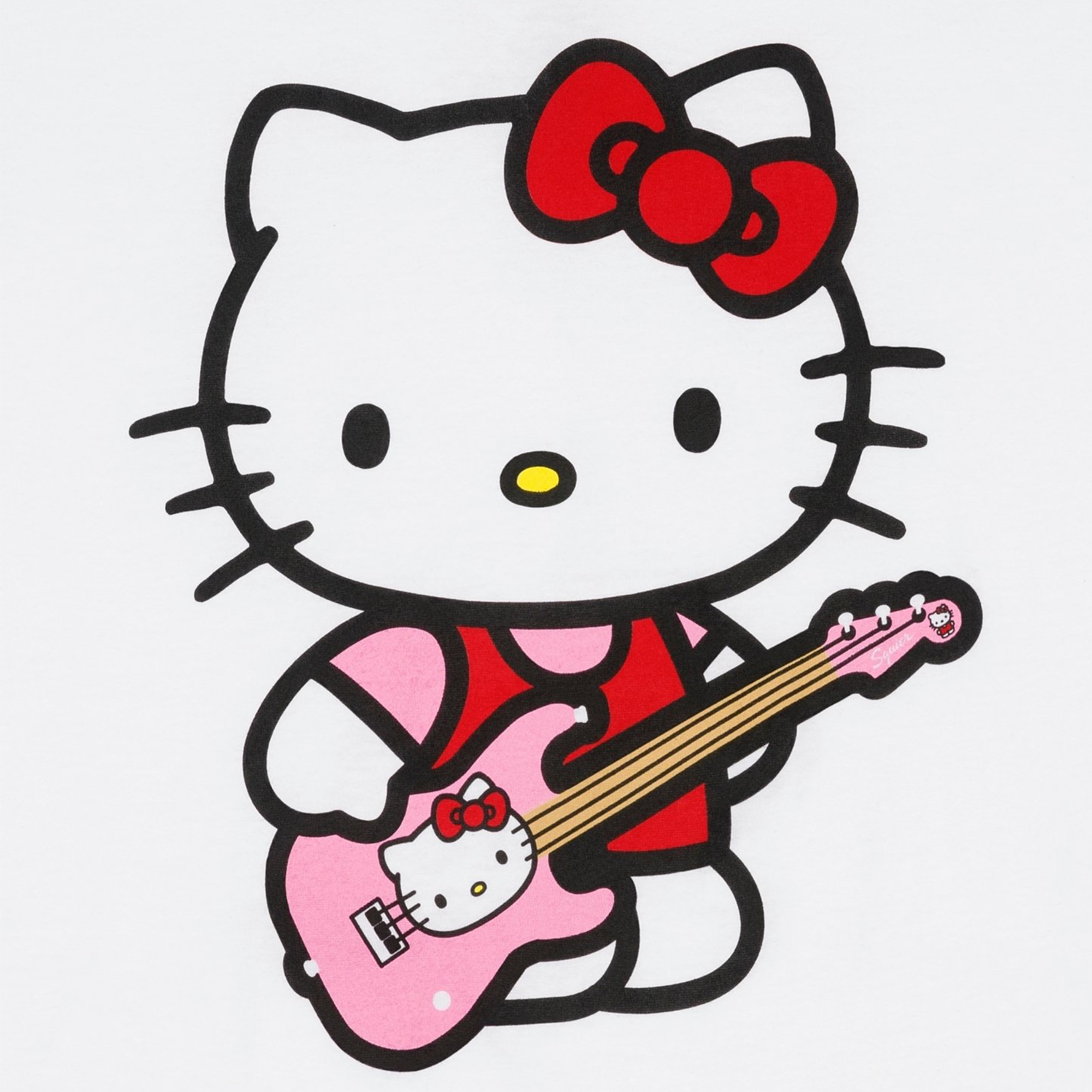 Close-up of the Fender logo on the sleeve of the Hello Kitty tee.