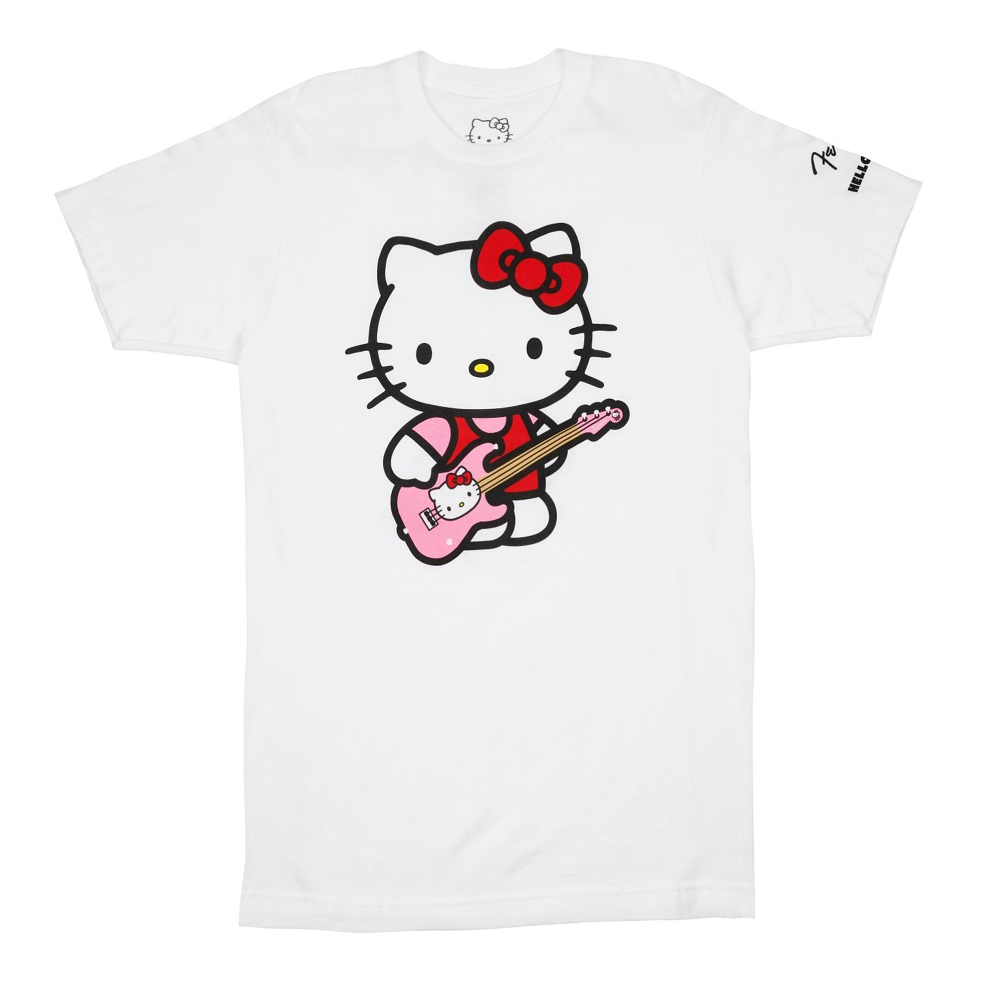 Front view of the Hello Kitty x Fender graphic tee in white.