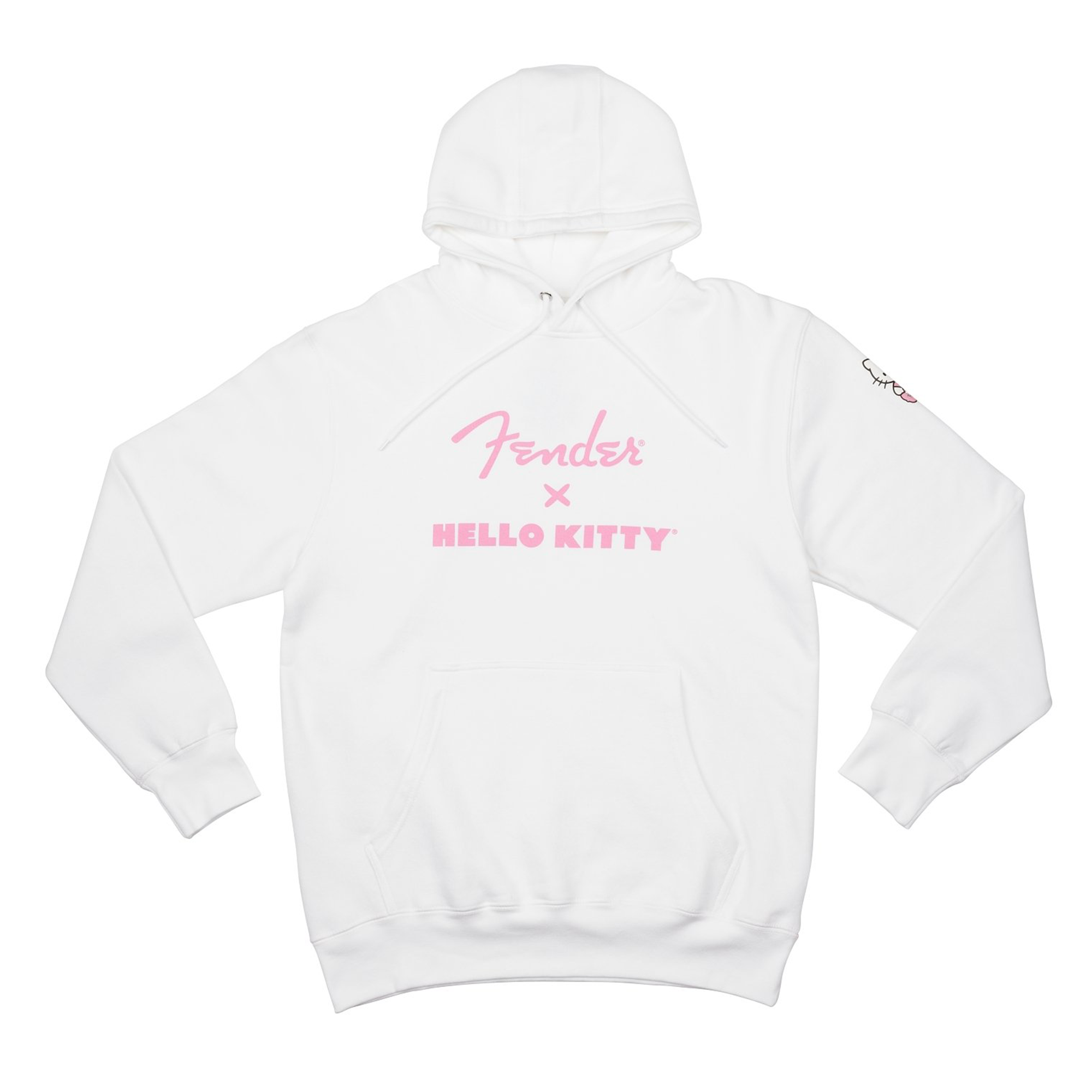 Front view of Hello Kitty x Fender white fleece hoodie showing logo and graphic