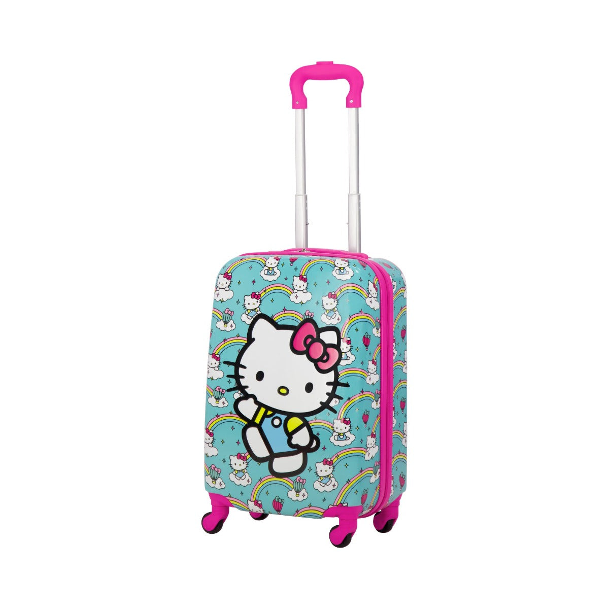 Hello Kitty carry-on luggage with rainbow design, perfect for kids.