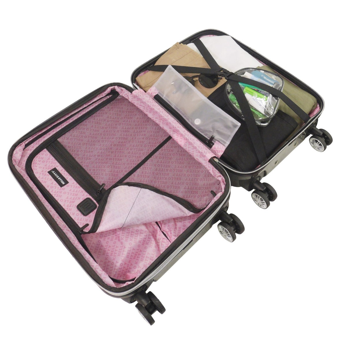 Side angle of spinner hard shell suitcase showing extendable handle and gusset