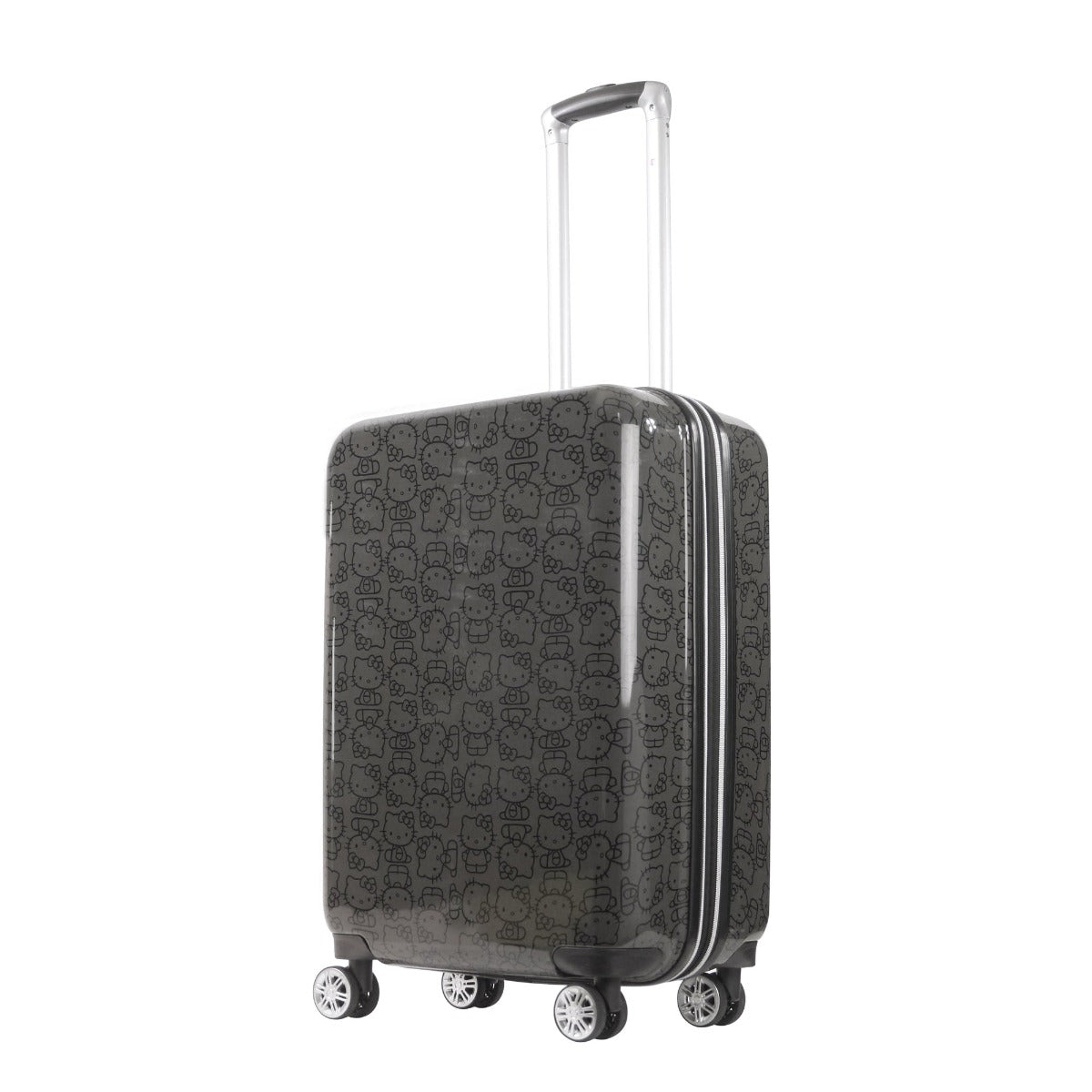 Front view of black Hello Kitty luggage set with spinner wheels on hardwood floor