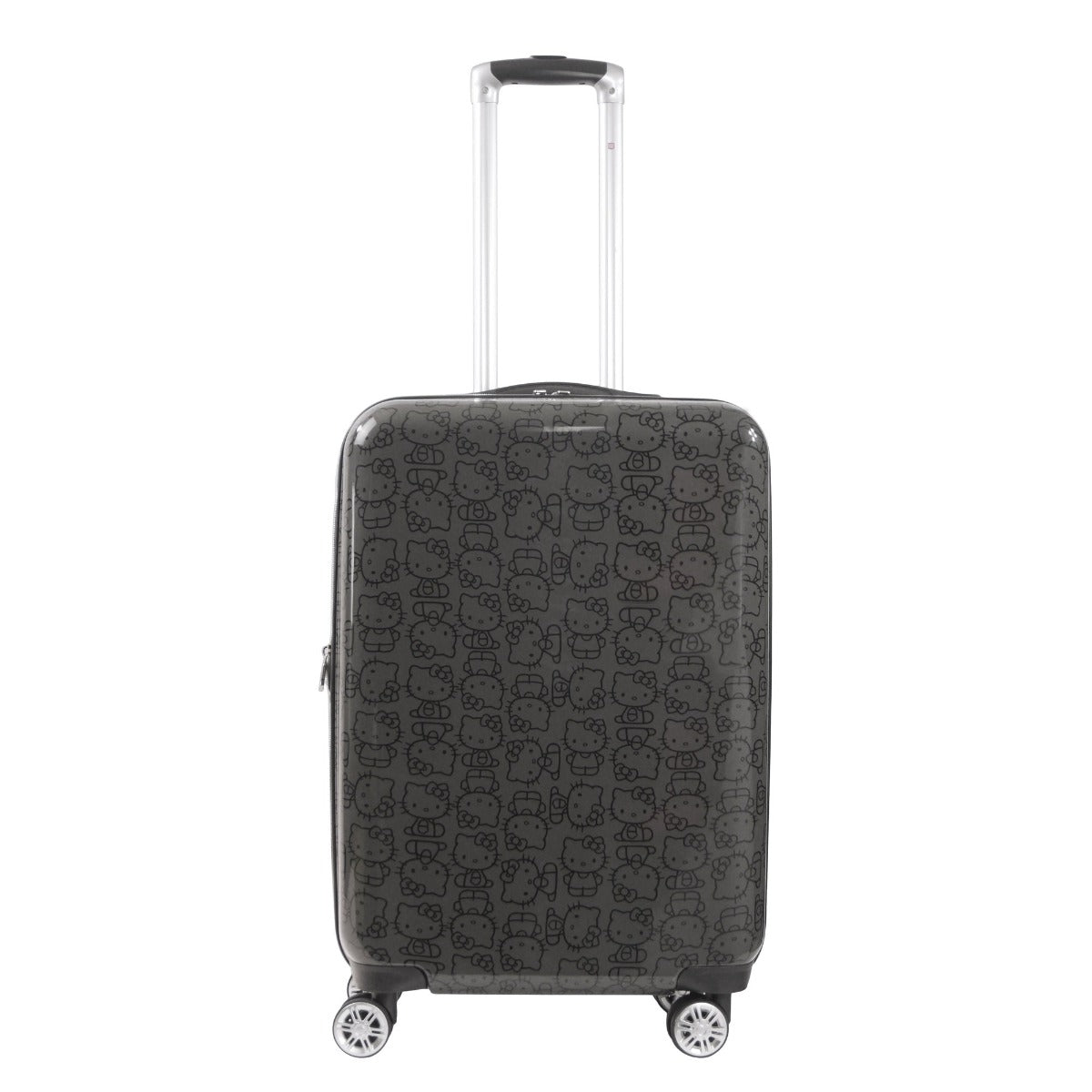 Front view of black Hello Kitty luggage set with spinner wheels on hardwood floor