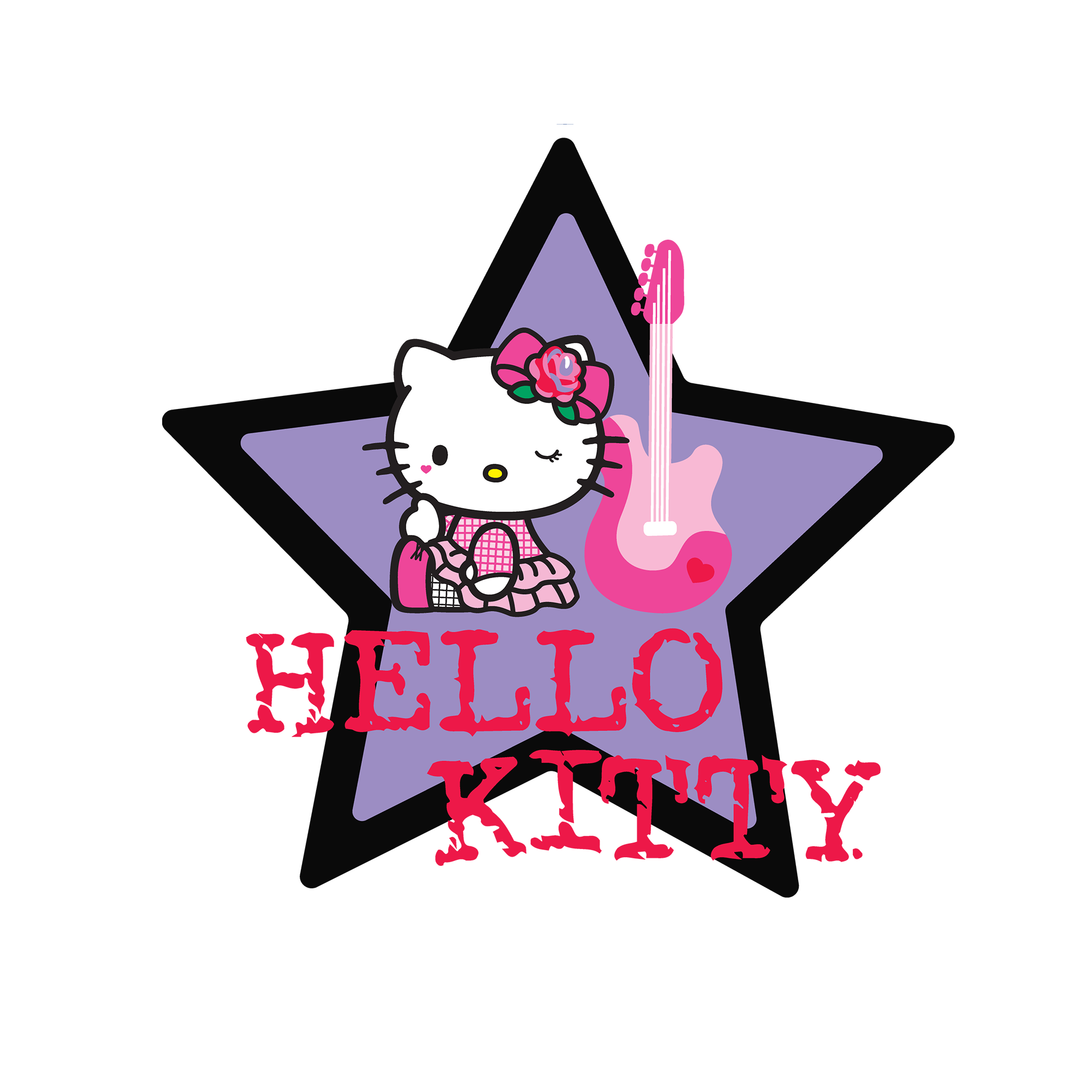 Close-up of Hello Kitty guitar tee neckline showing quality stitching