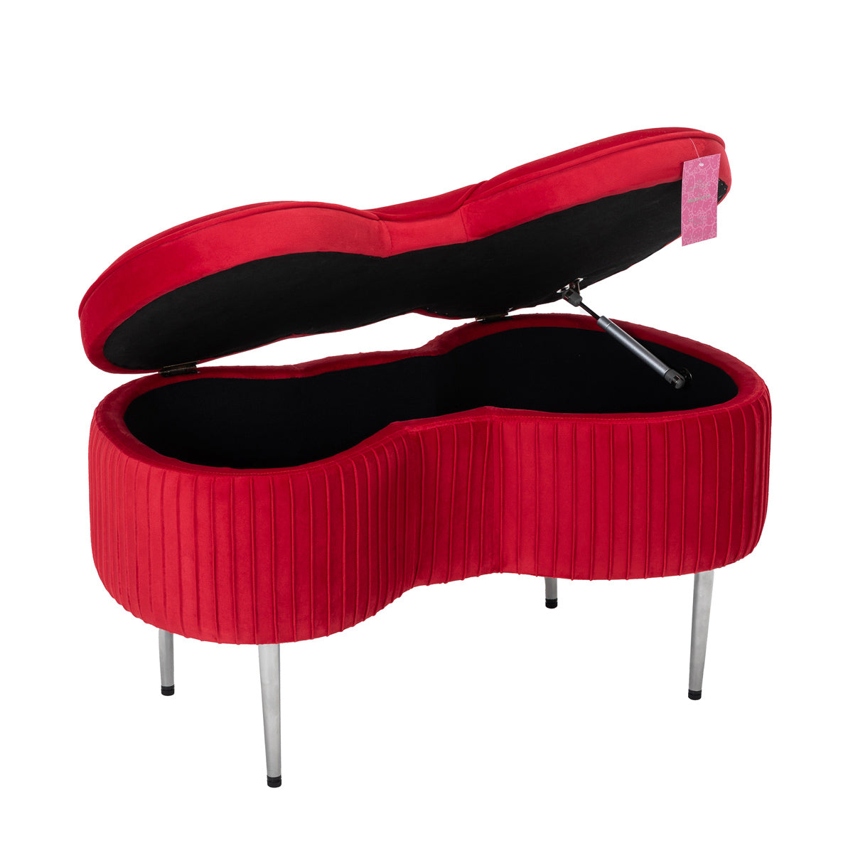 Close-up of pink velvet Hello Kitty storage bench with embroidered bow details