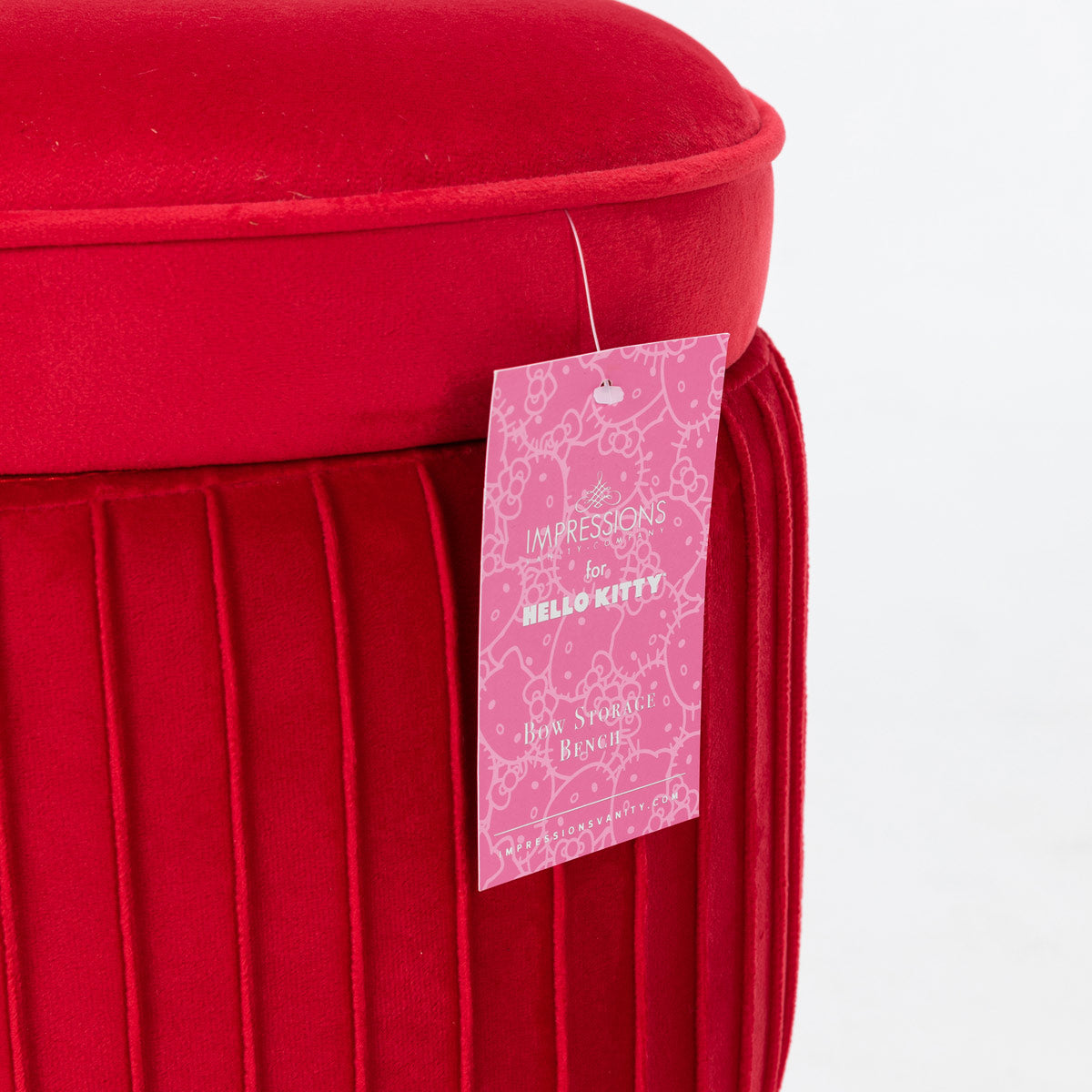 Hello Kitty velvet bench opened to reveal spacious interior storage
