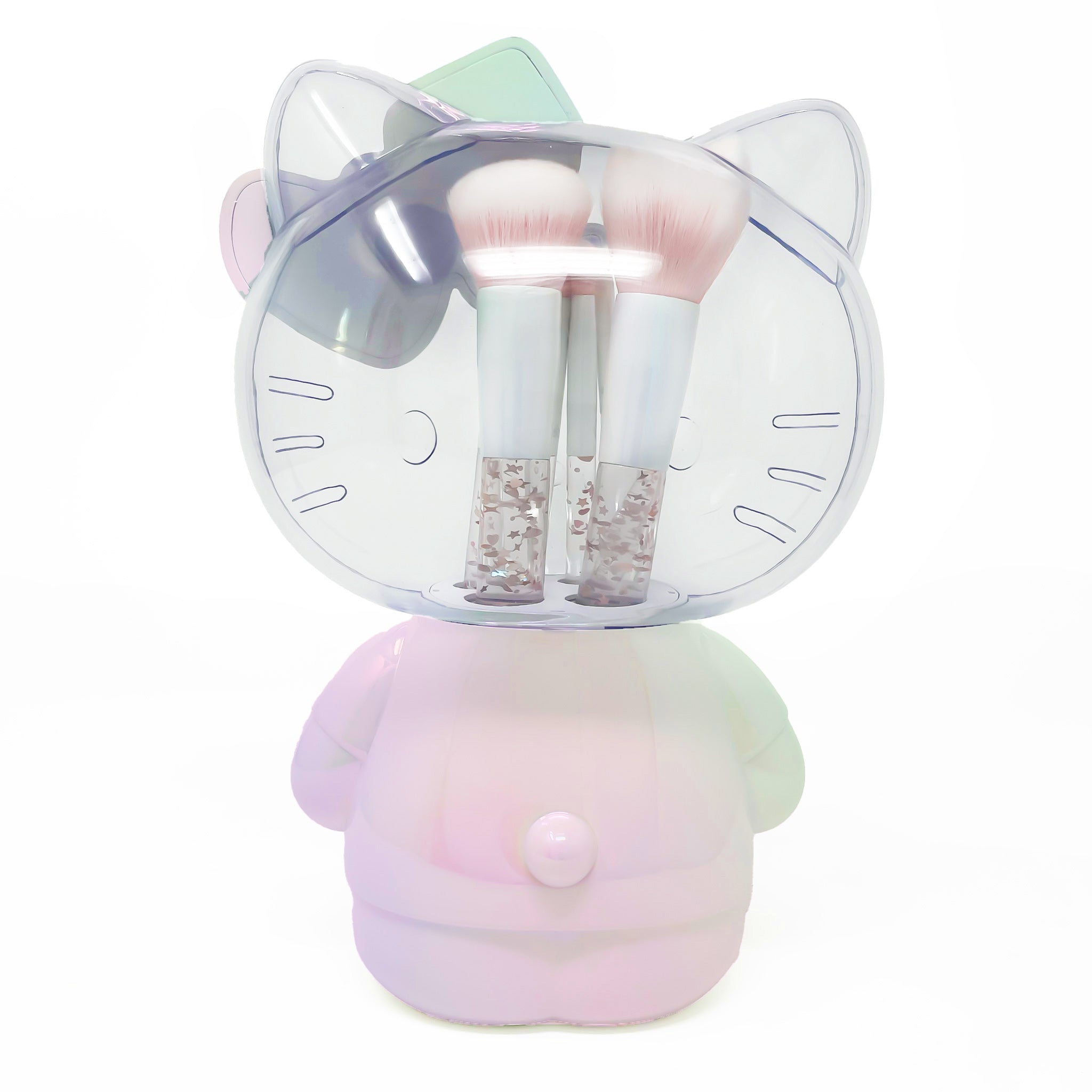 Hello Kitty makeup brushes set in pearlized container, showcasing the anniversary design.