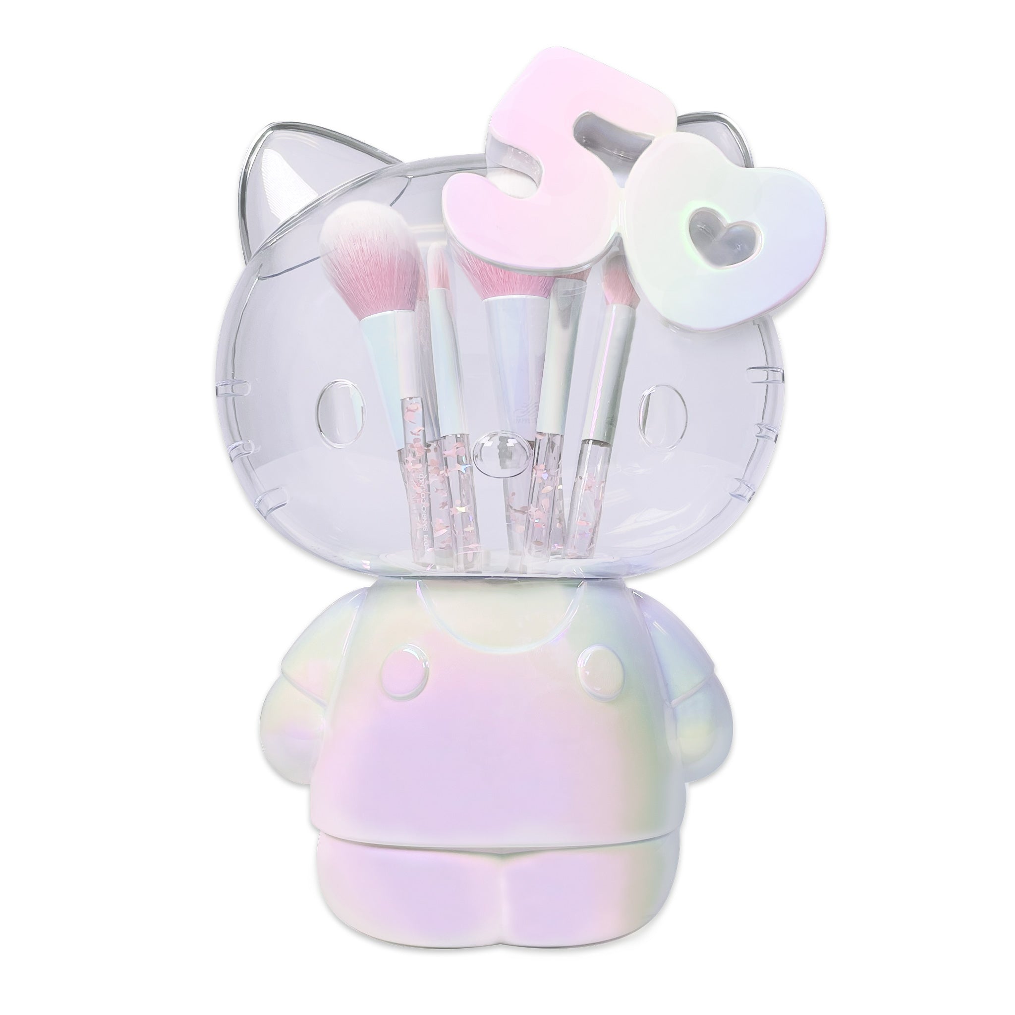Hello Kitty makeup brushes set in pearlized container, showcasing the anniversary design.