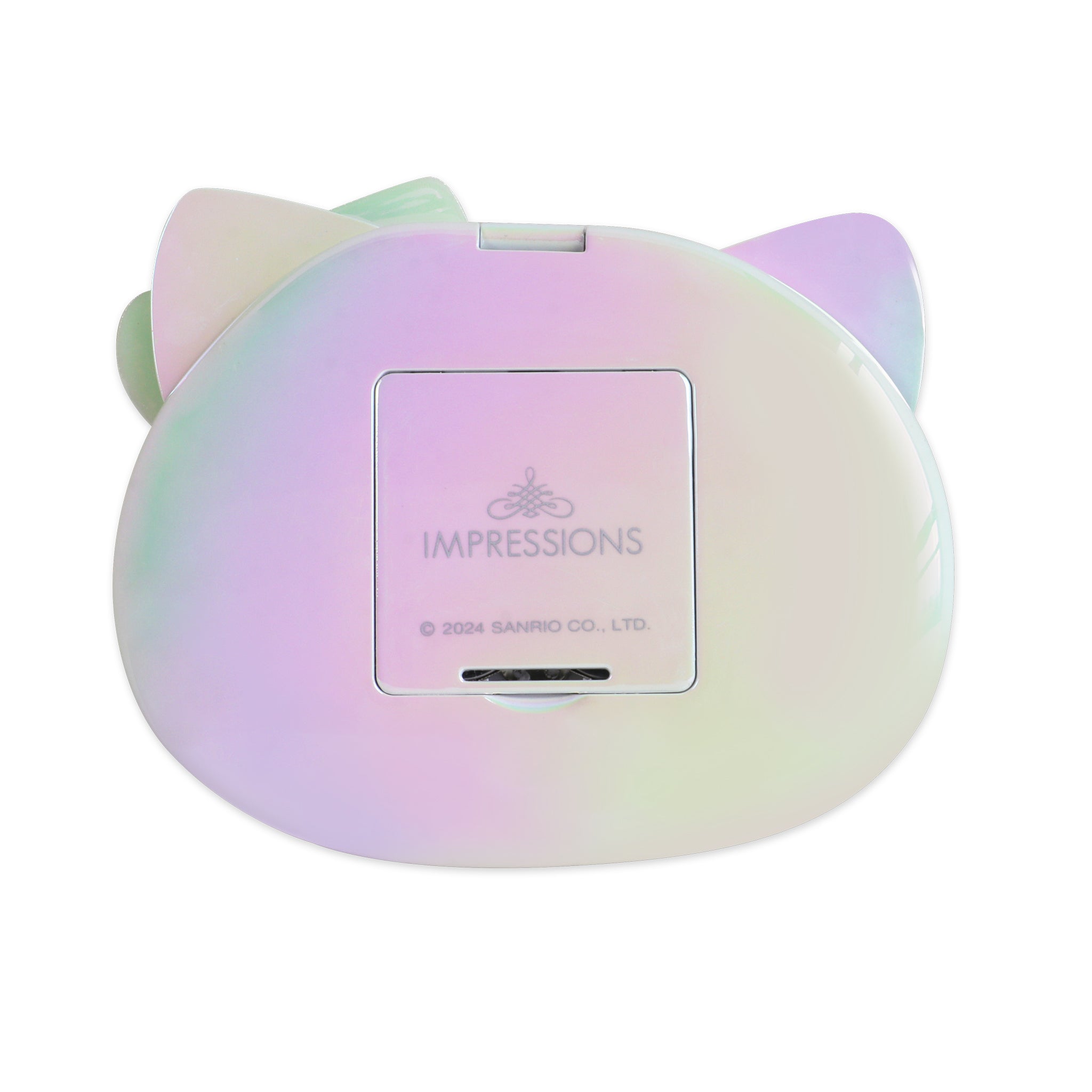 Hello Kitty vanity mirror held in hand, highlighting its portable size.