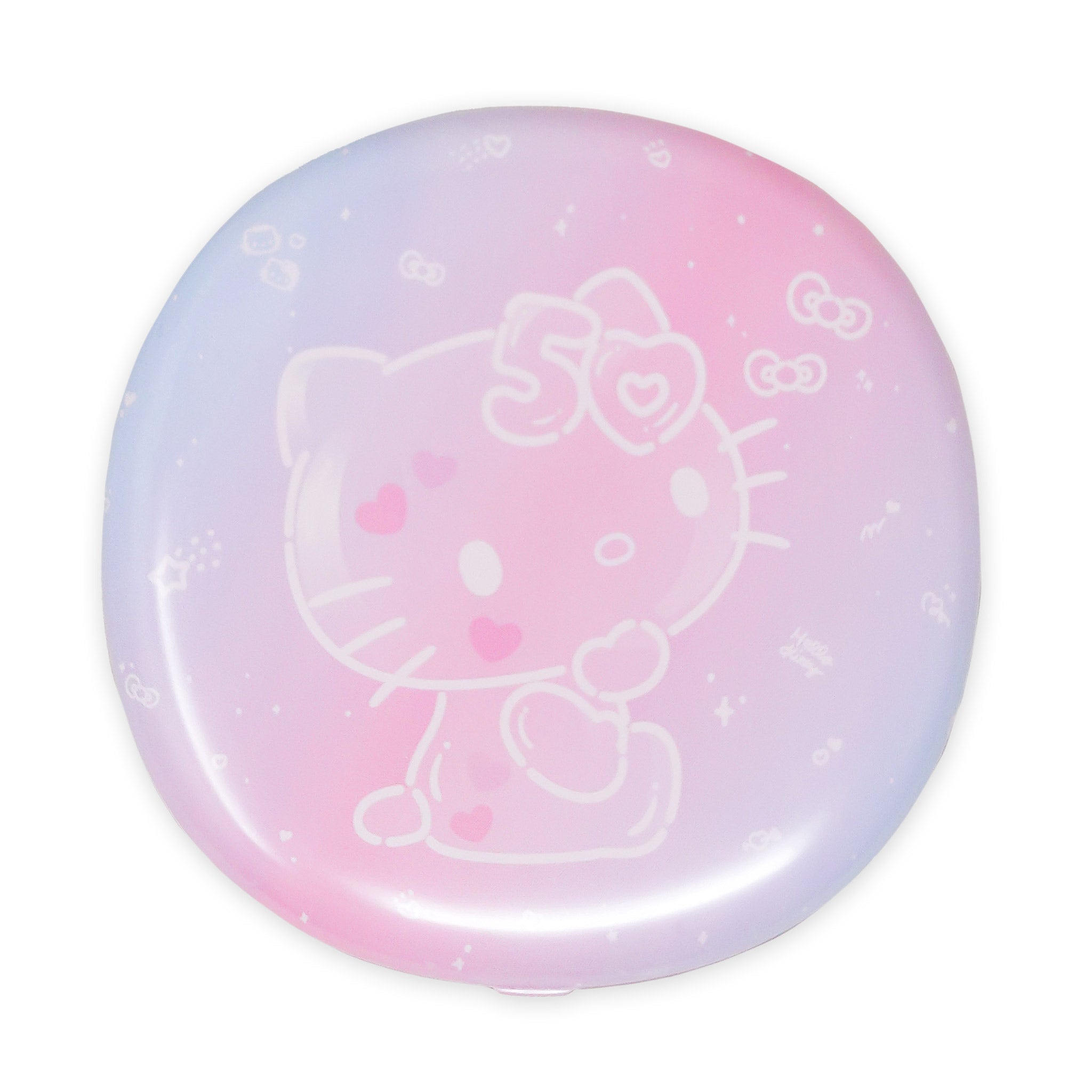 Close-up of Hello Kitty compact mirror with LED lights and pastel gradient design