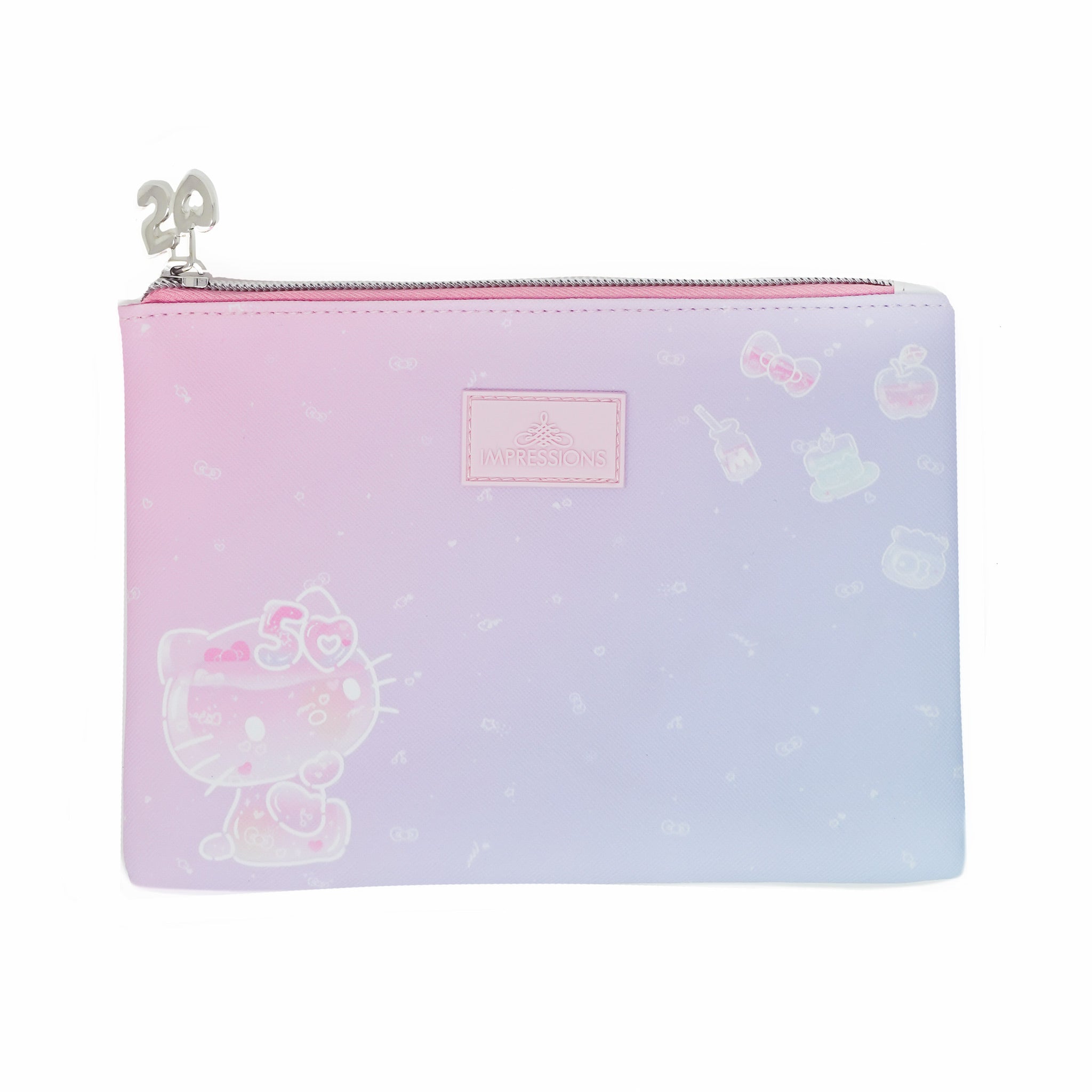 Clear PVC Hello Kitty pouch packed with travel-size makeup essentials