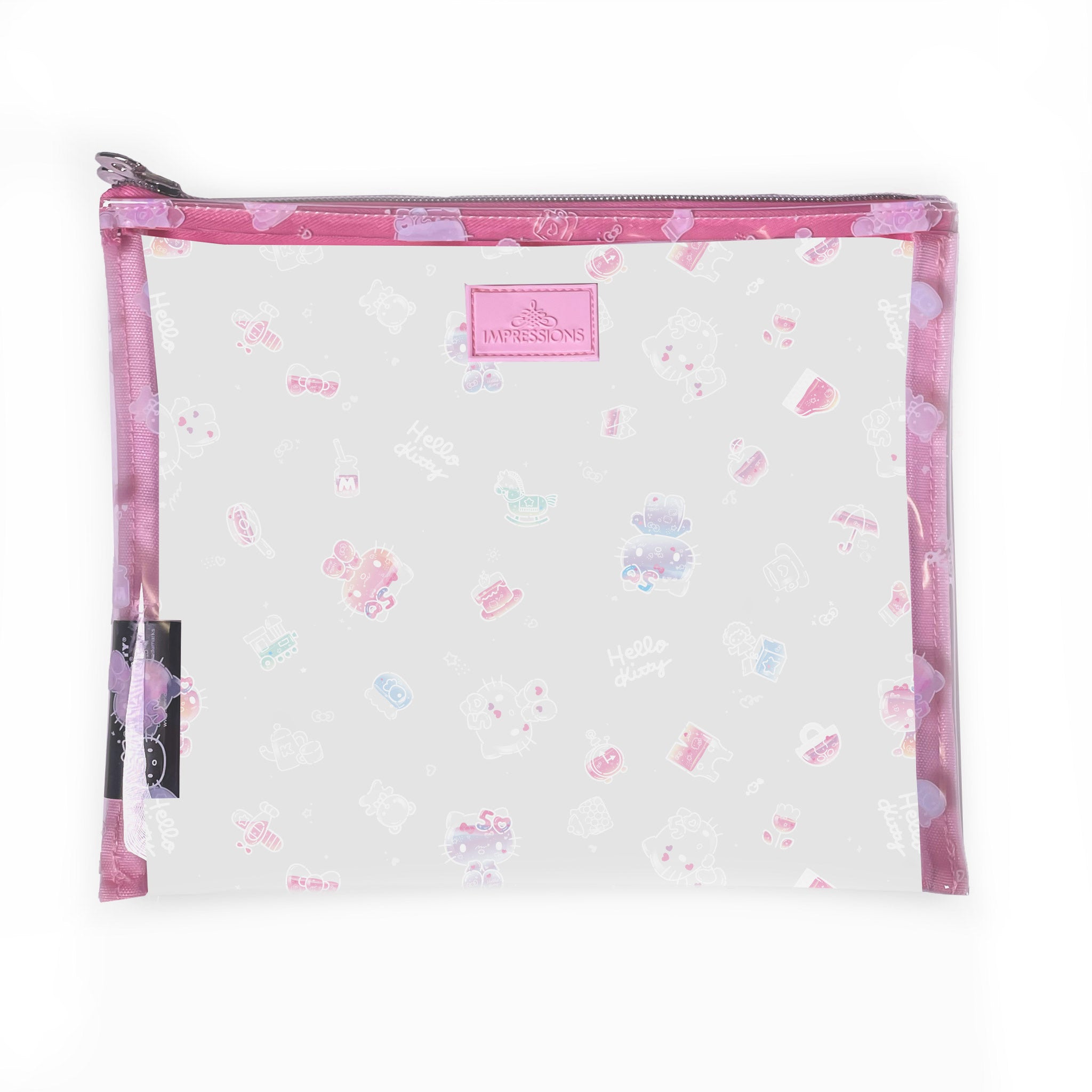 Close-up of pastel canvas Hello Kitty cosmetic pouch with zipper detail