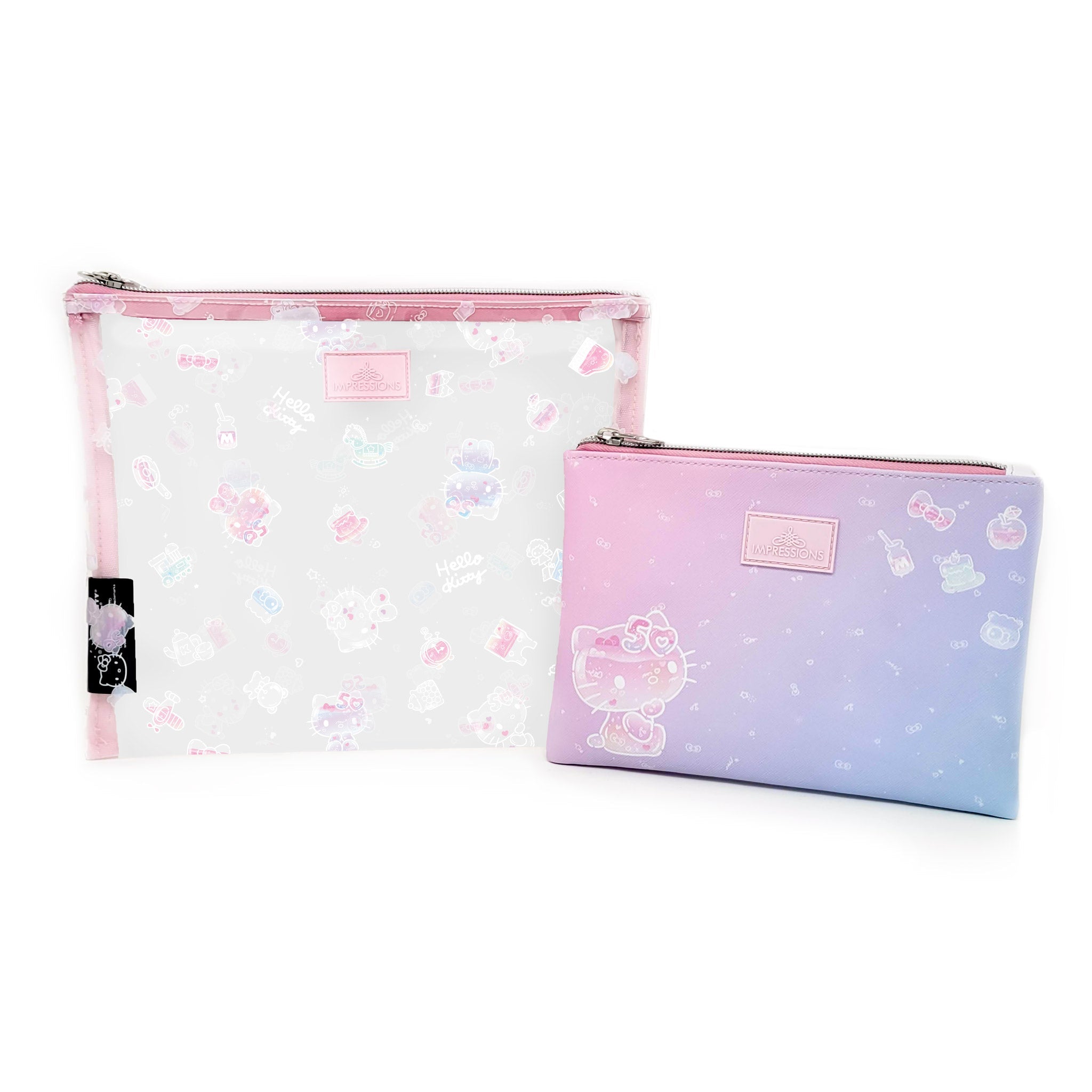 Top-down view of Hello Kitty pouch set showing both sizes and materials