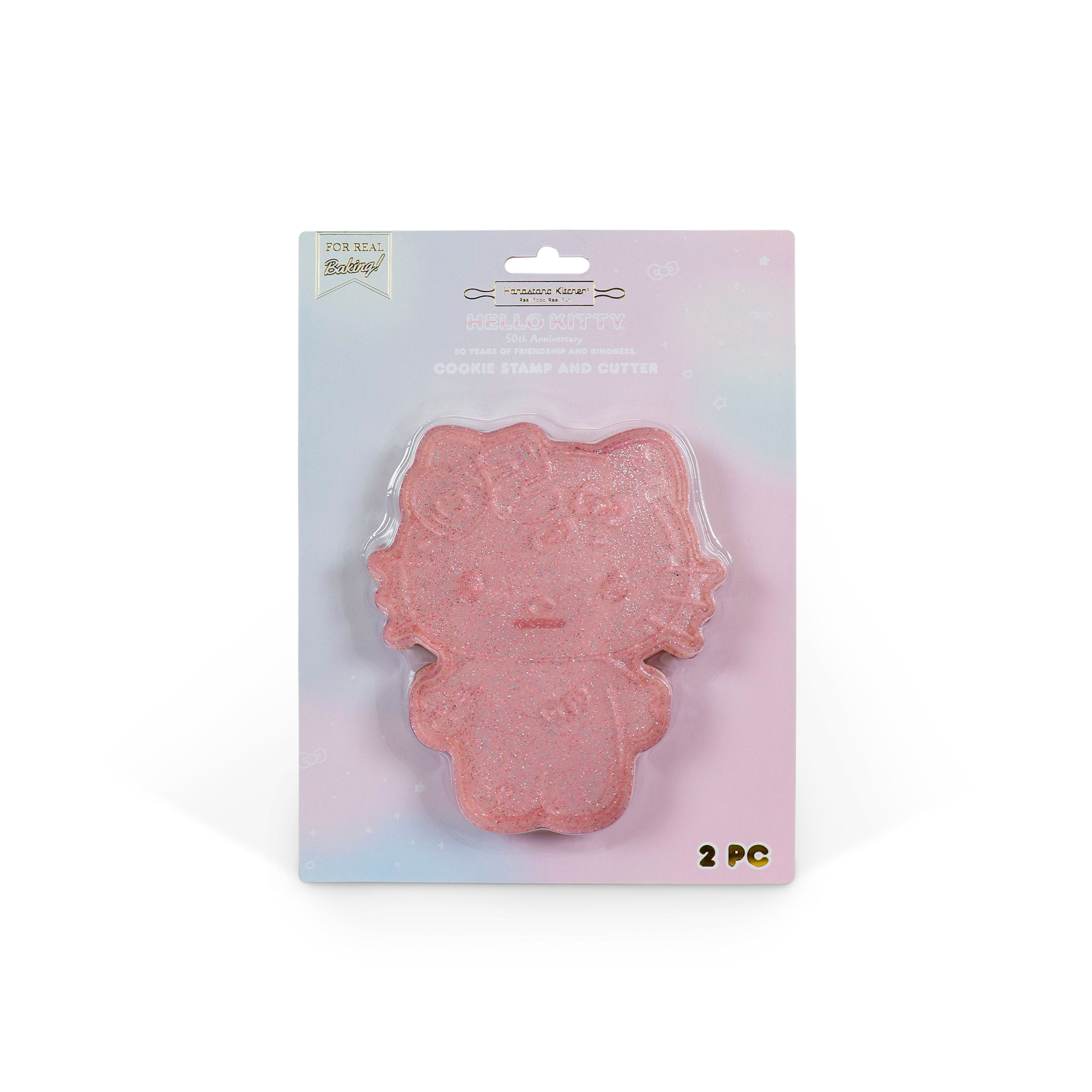 Close-up of hello kitty cookie stamp set showing embossed detail on dough