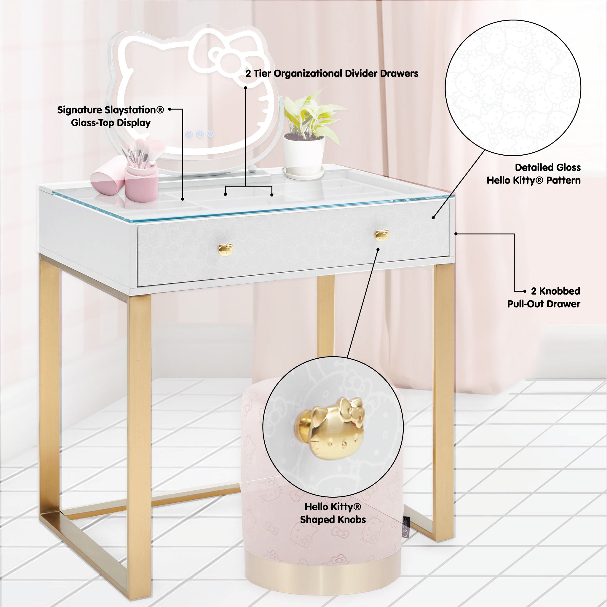 Hello Kitty SlayStation Luxe Premium Vanity Table with clear glass top