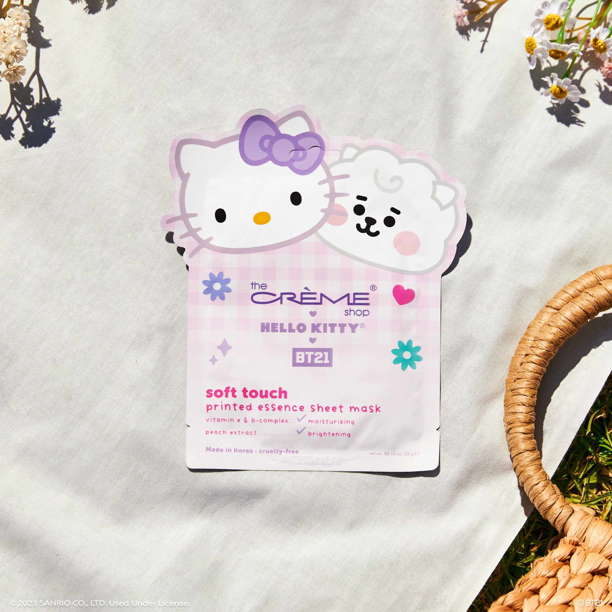 Pack of Hello Kitty sheet masks displayed on a colorful background.