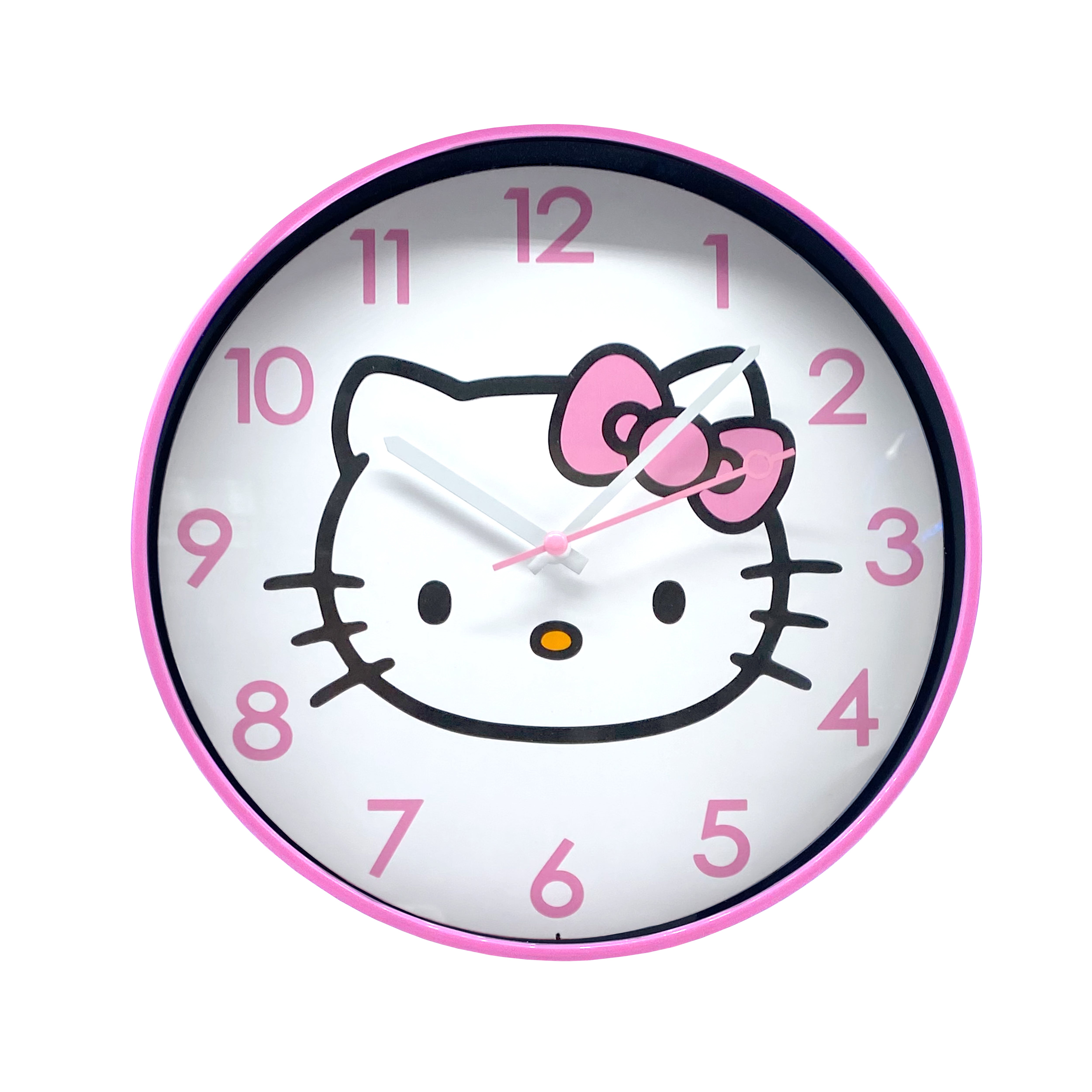 Hello Kitty analog wall clock hanging on a pastel bedroom wall