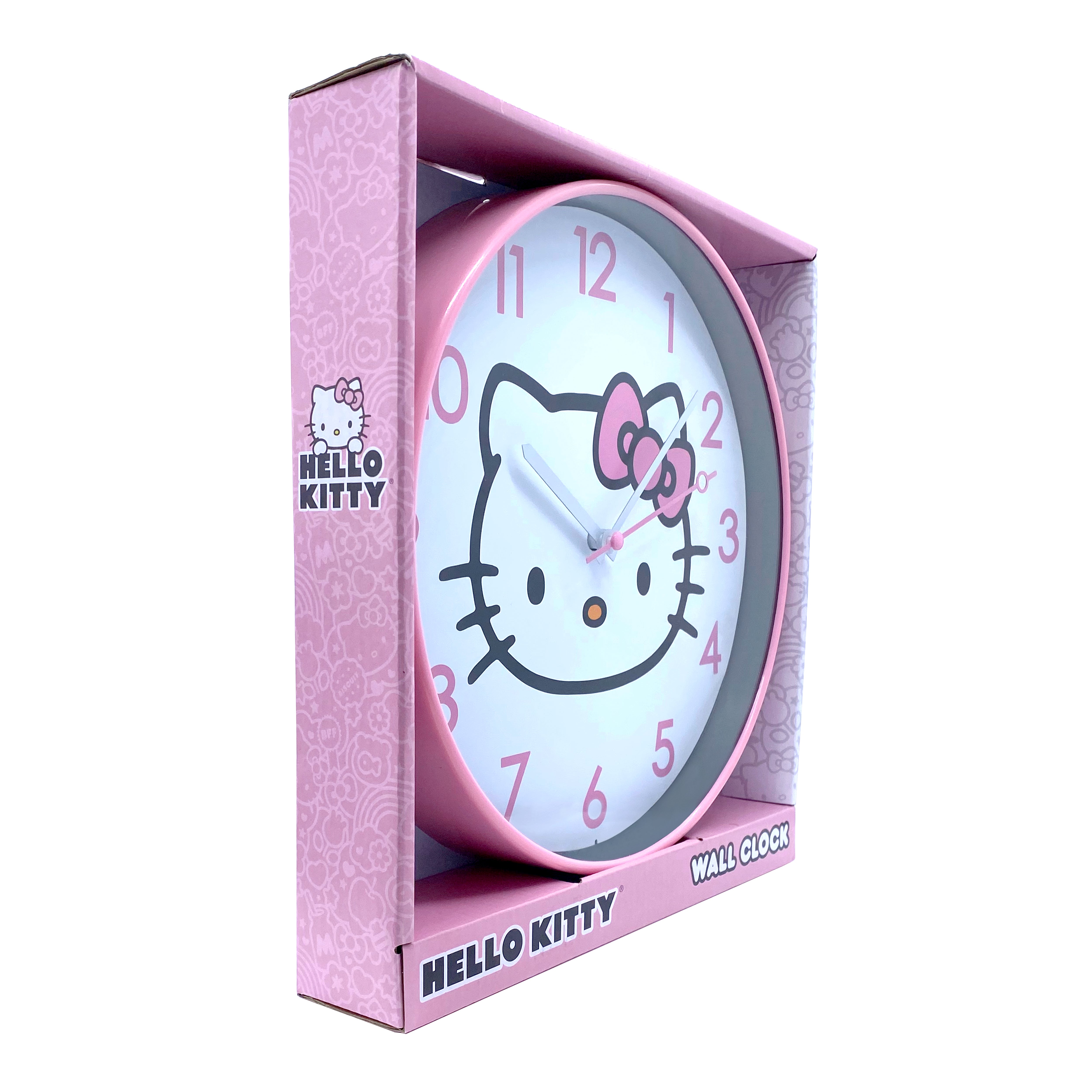 Side view of pink wall clock showing retro-style numerals