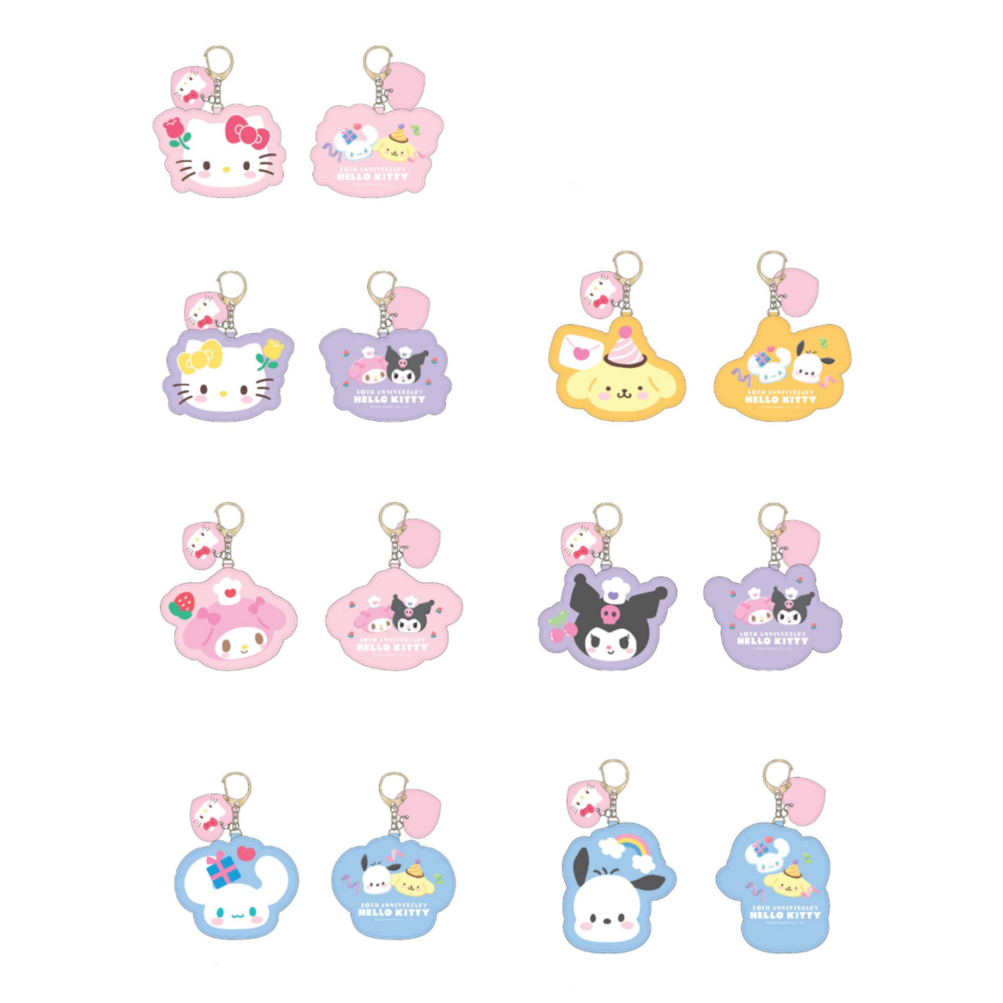 Hello Kitty 50th anniversary plush keychain blind bag featuring a pastel pink rotary phone design.