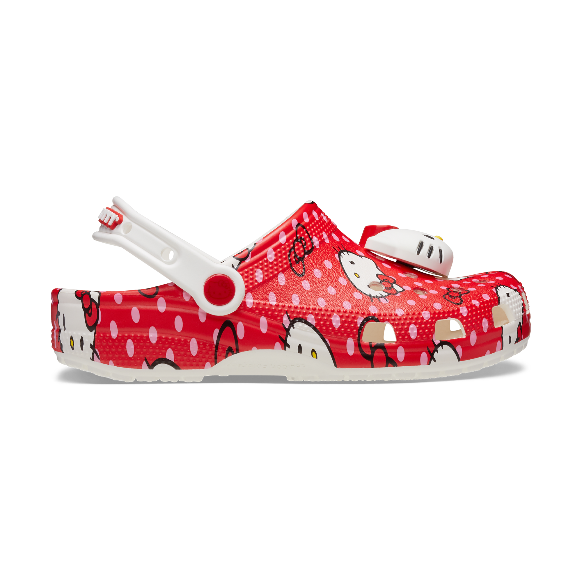 Side view of Hello Kitty x Crocs Adult Red Classic Clog, highlighting the pivoting heel strap