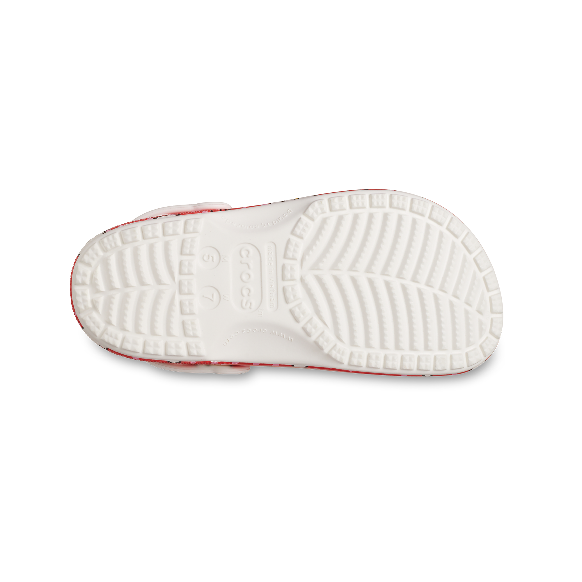 Side view of Hello Kitty x Crocs Adult Red Classic Clog, highlighting the pivoting heel strap