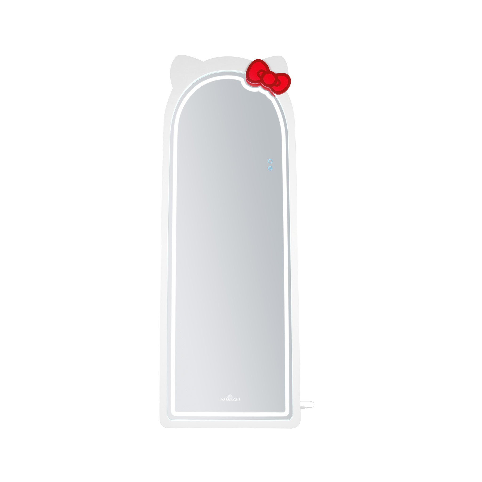 Hello Kitty full length mirror with RGB lighting and storage, standing on a dresser.