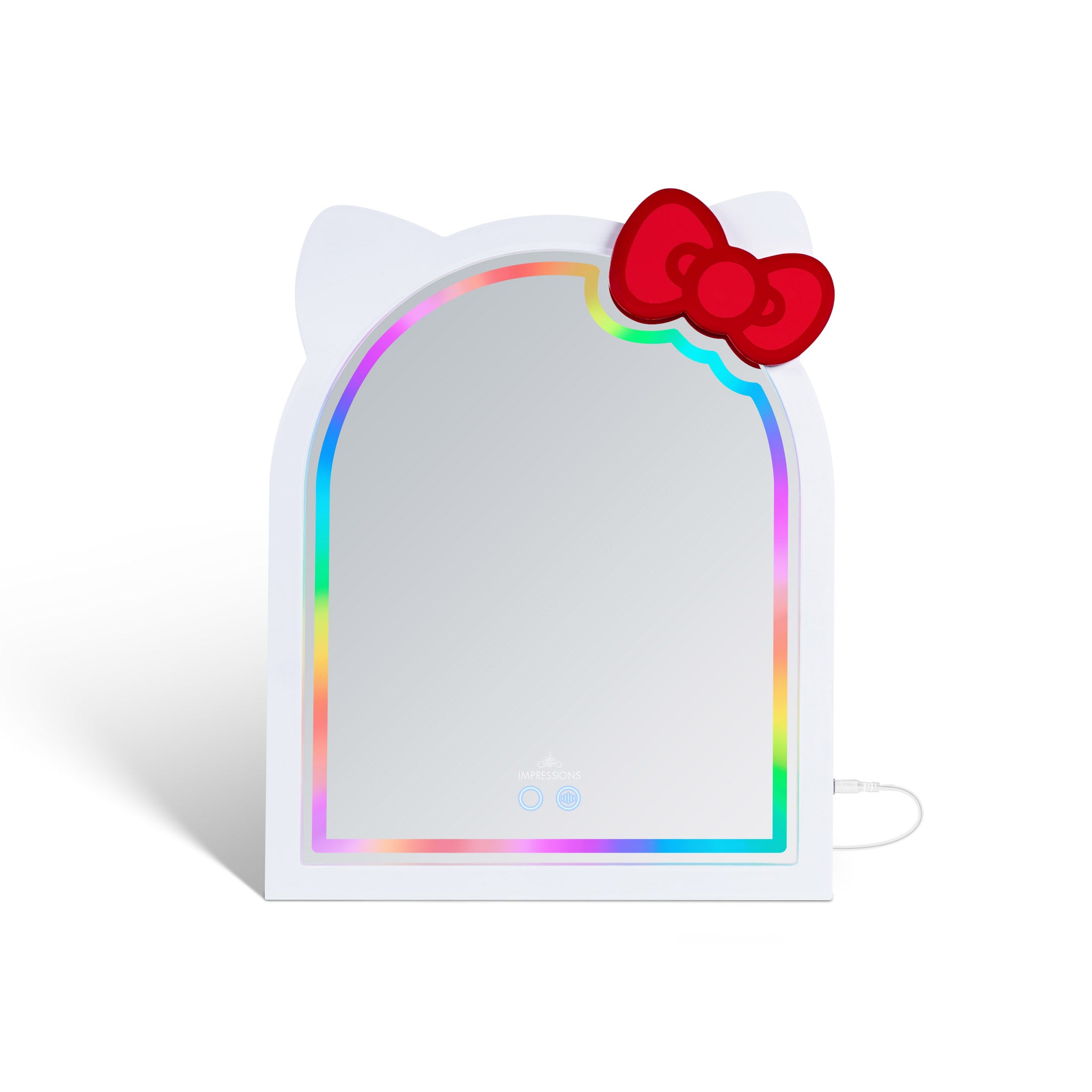 Hello Kitty vanity mirror displaying rainbow RGB lighting on dresser