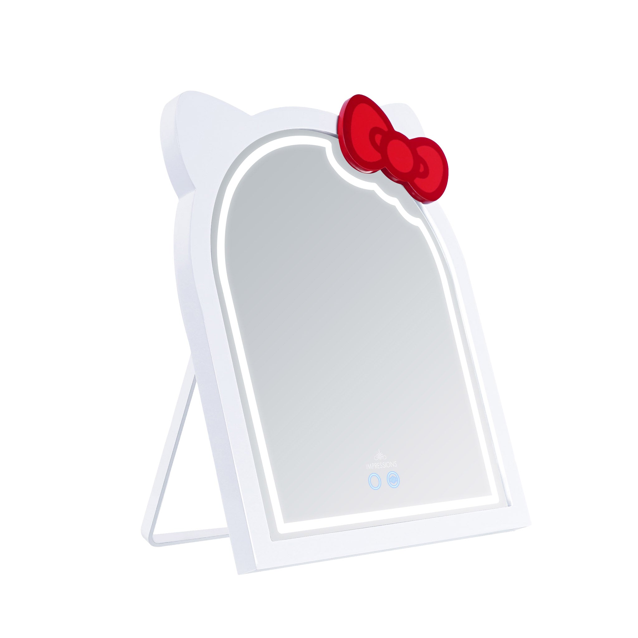 Close-up of Hello Kitty mirrors touch controls and LED strip