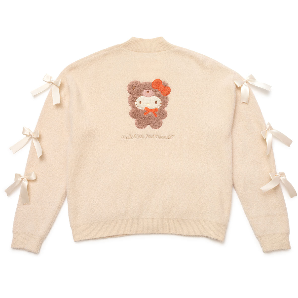 Close-up of the Hello Kitty design on the cardigan, featuring the character in a bear outfit