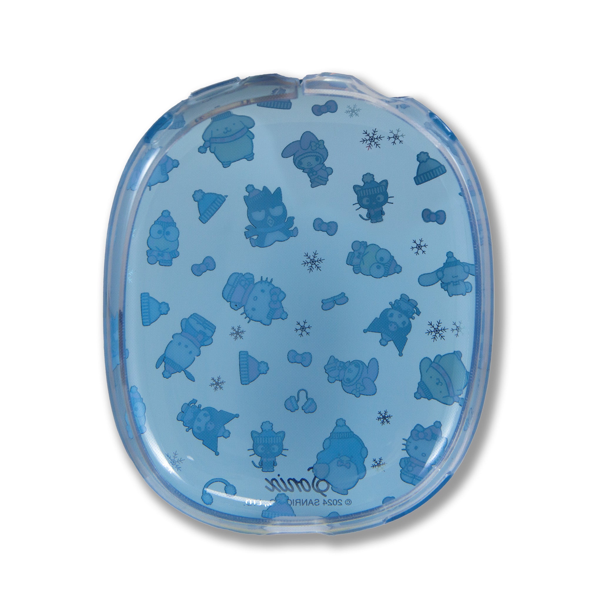 Lifestyle shot of the Hello Kitty Aspen cover in use on AirPods Max during a winter outing.