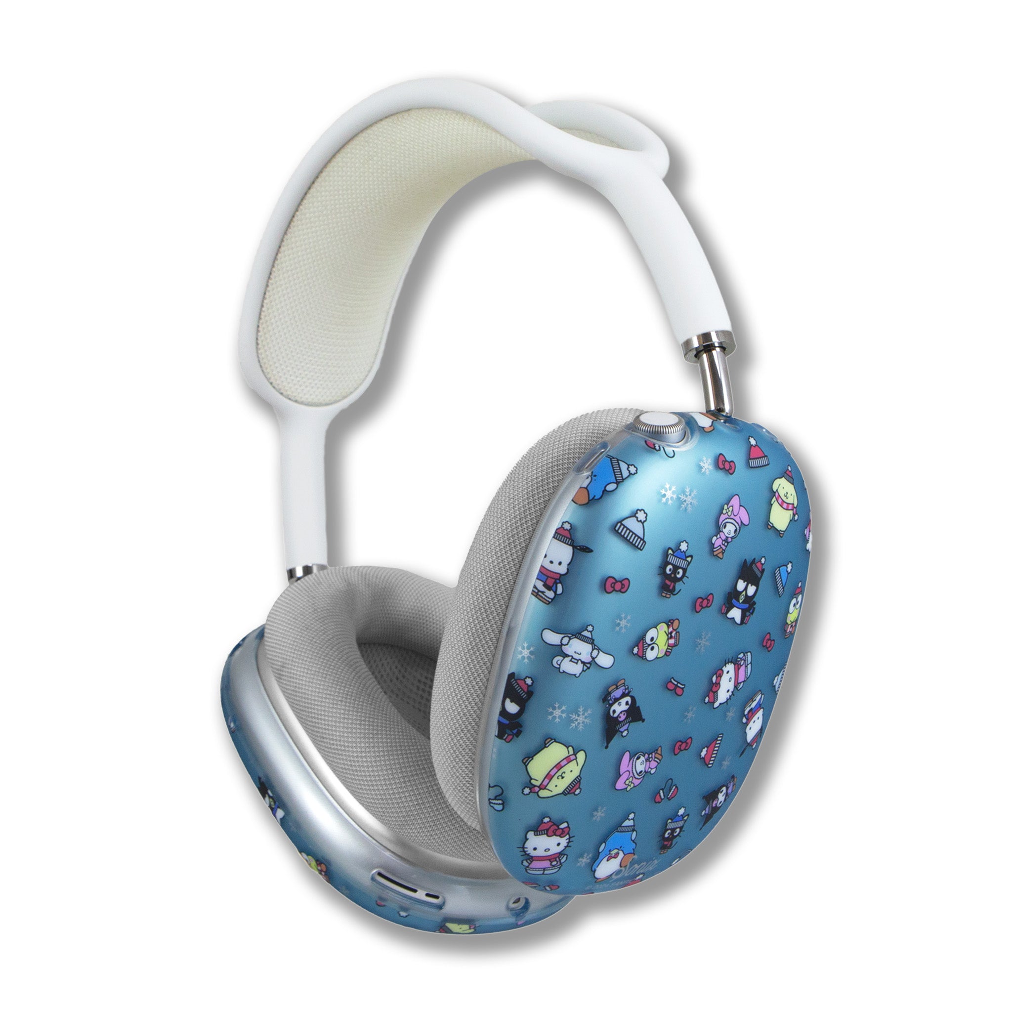Lifestyle shot of the Hello Kitty Aspen cover in use on AirPods Max during a winter outing.