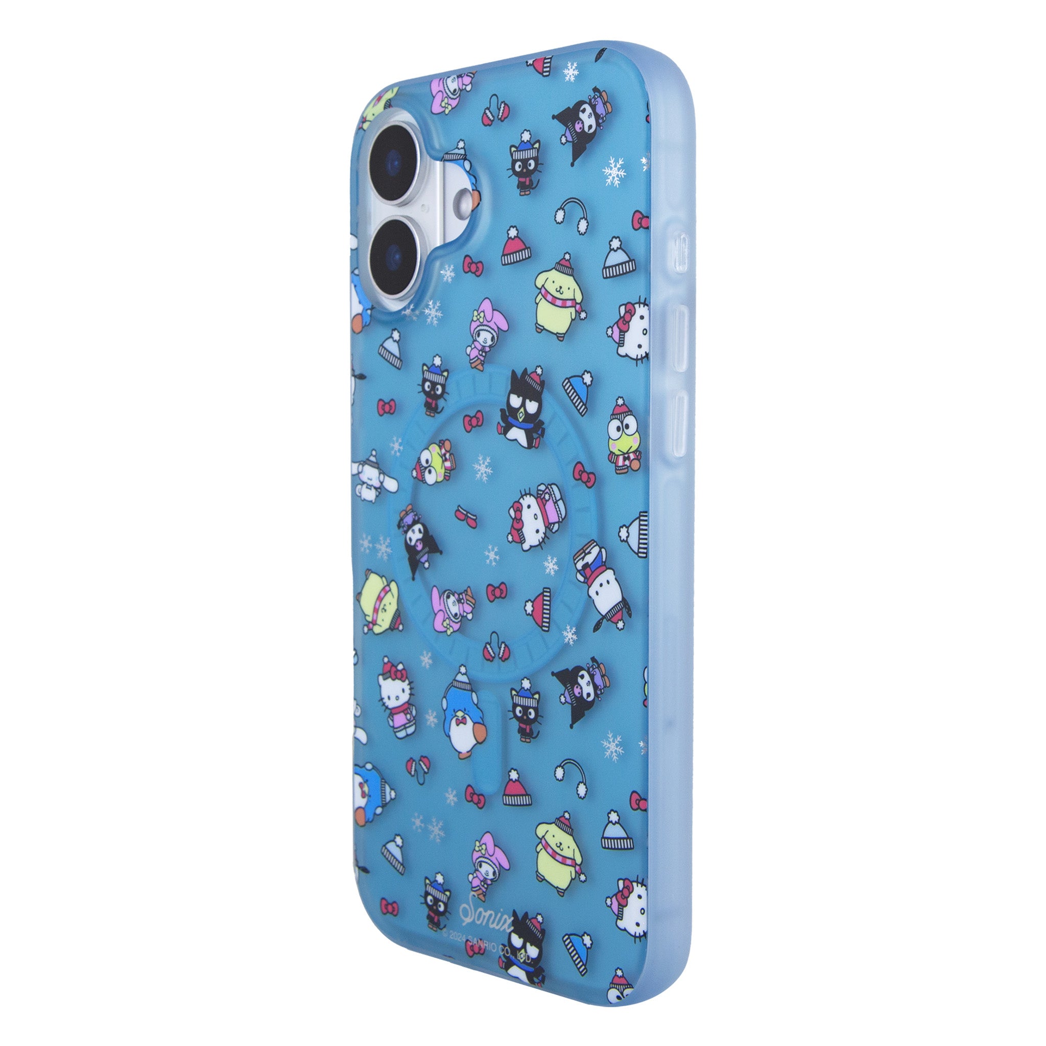 Front view of Hello Kitty iPhone case featuring winter designs.