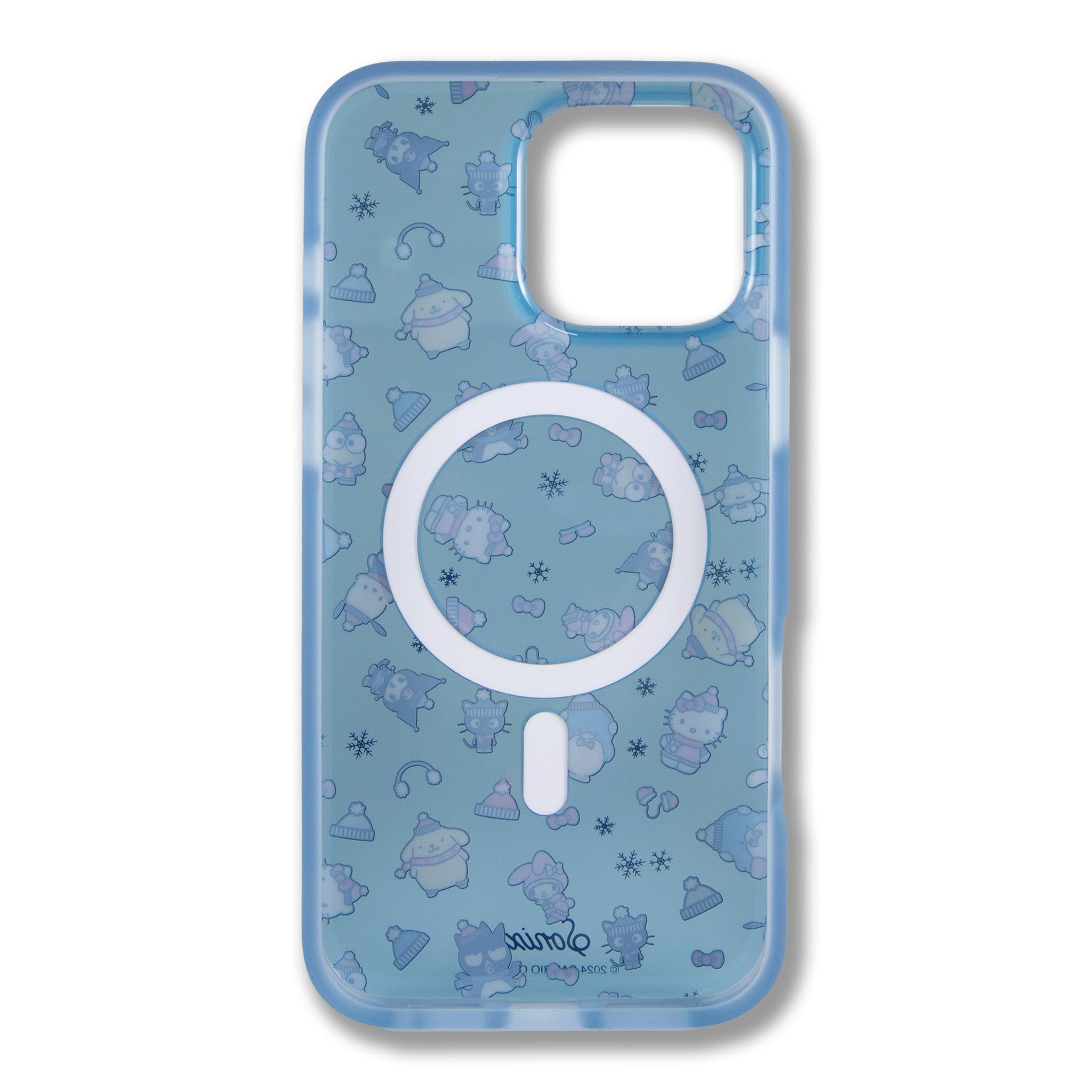 Front view of Hello Kitty iPhone case featuring winter designs.