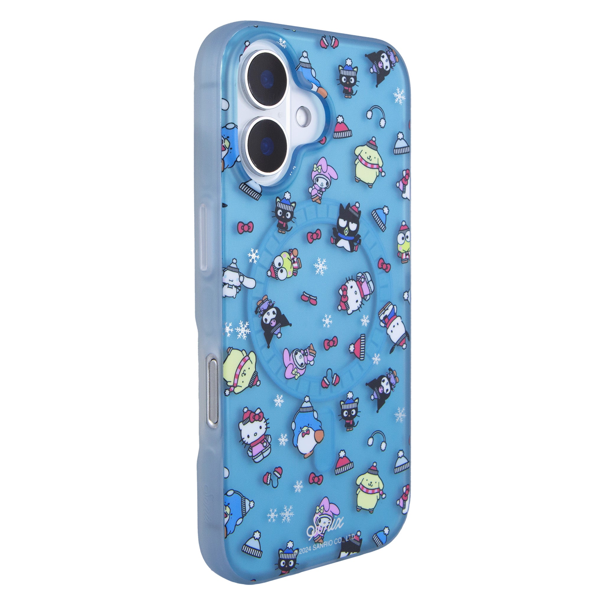 Front view of Hello Kitty iPhone case featuring winter designs.