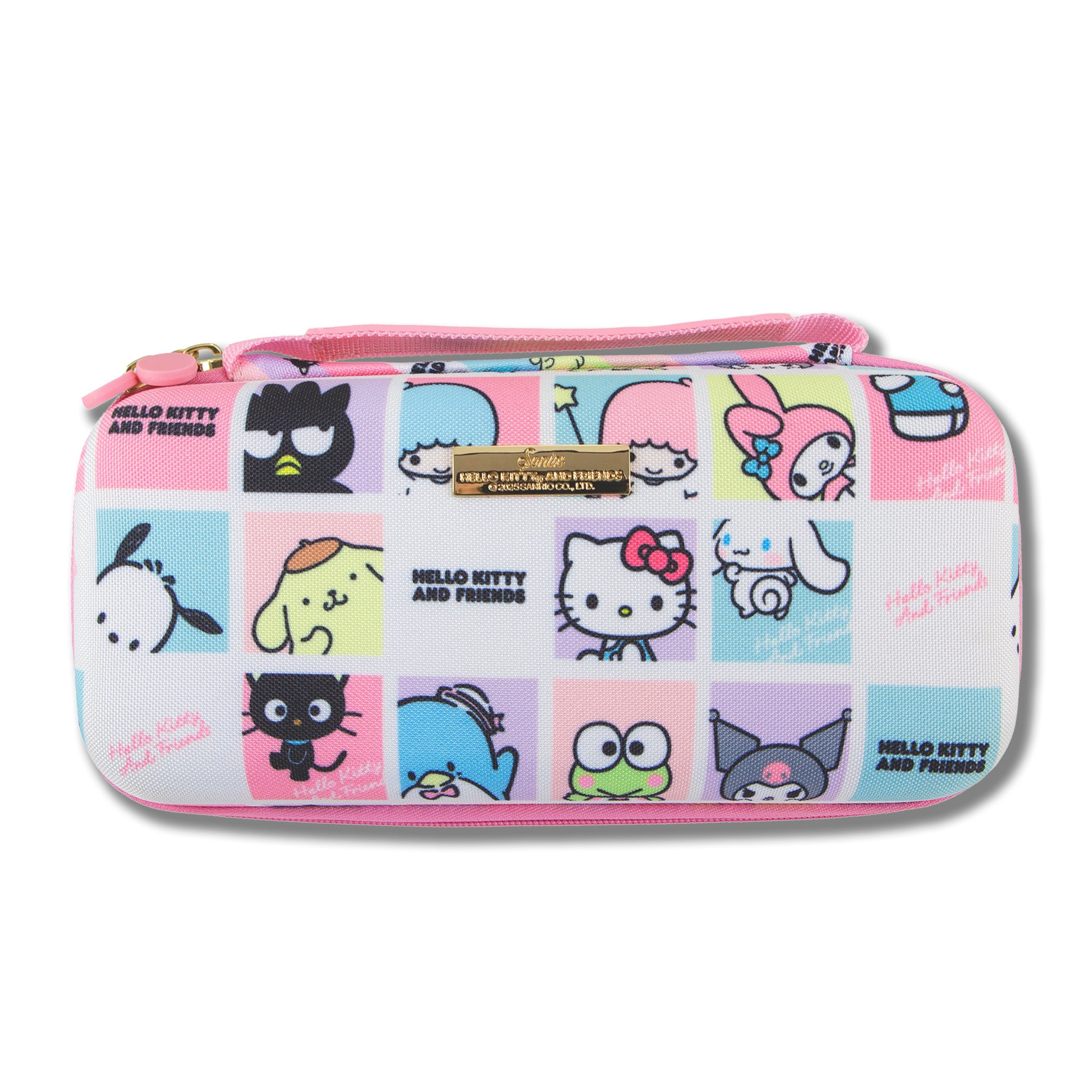 Close-up of Hello Kitty and Friends patterned Nintendo Switch case with pastel grid design