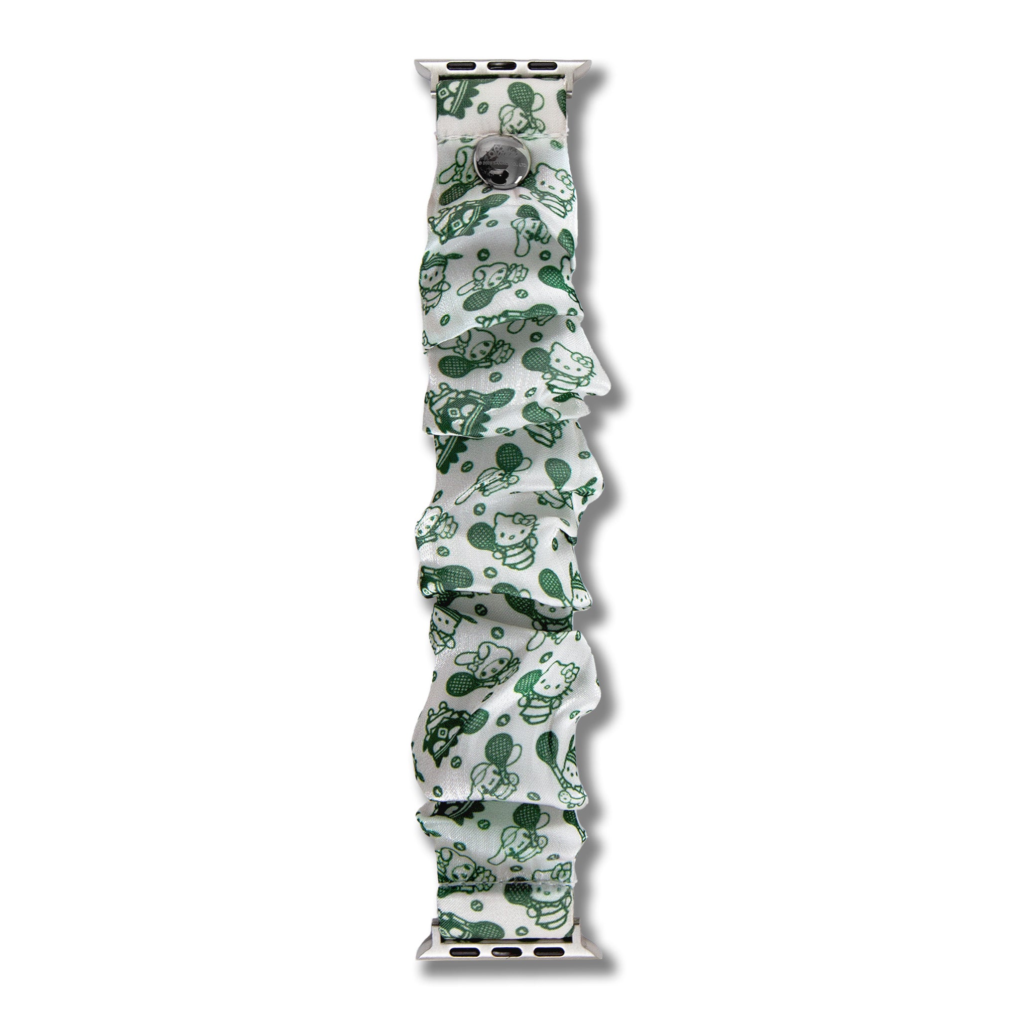Close-up of Hello Kitty scrunchie Apple Watch band showing tennis-themed print